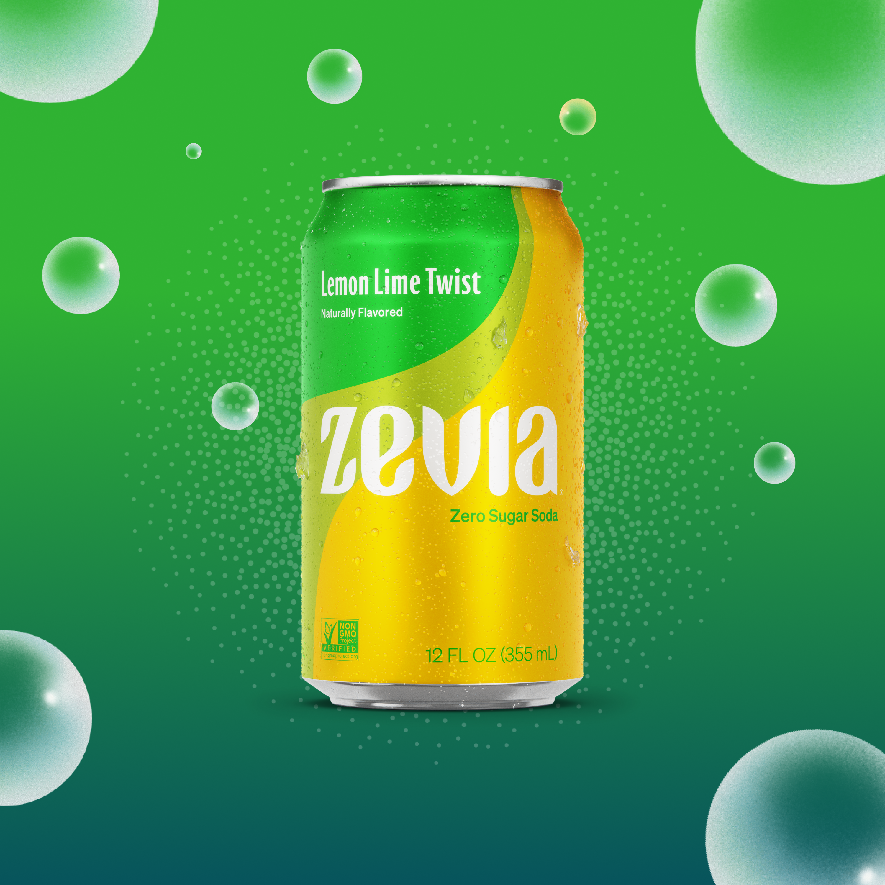 Zevia Lemon Lime Twist soda can on a green background with bubbles