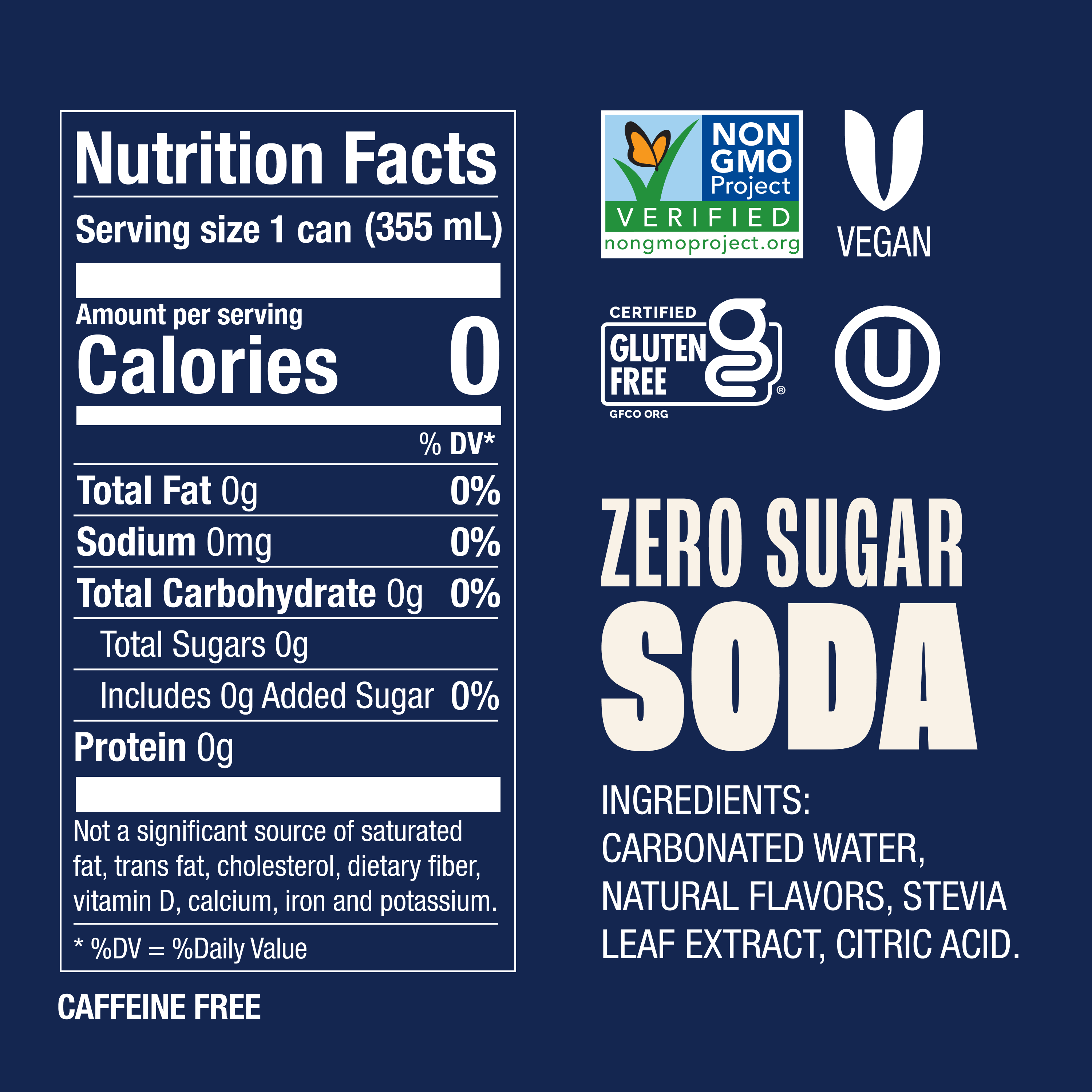 Nutrition facts label for a zero sugar soda with certification logos on a blue background.