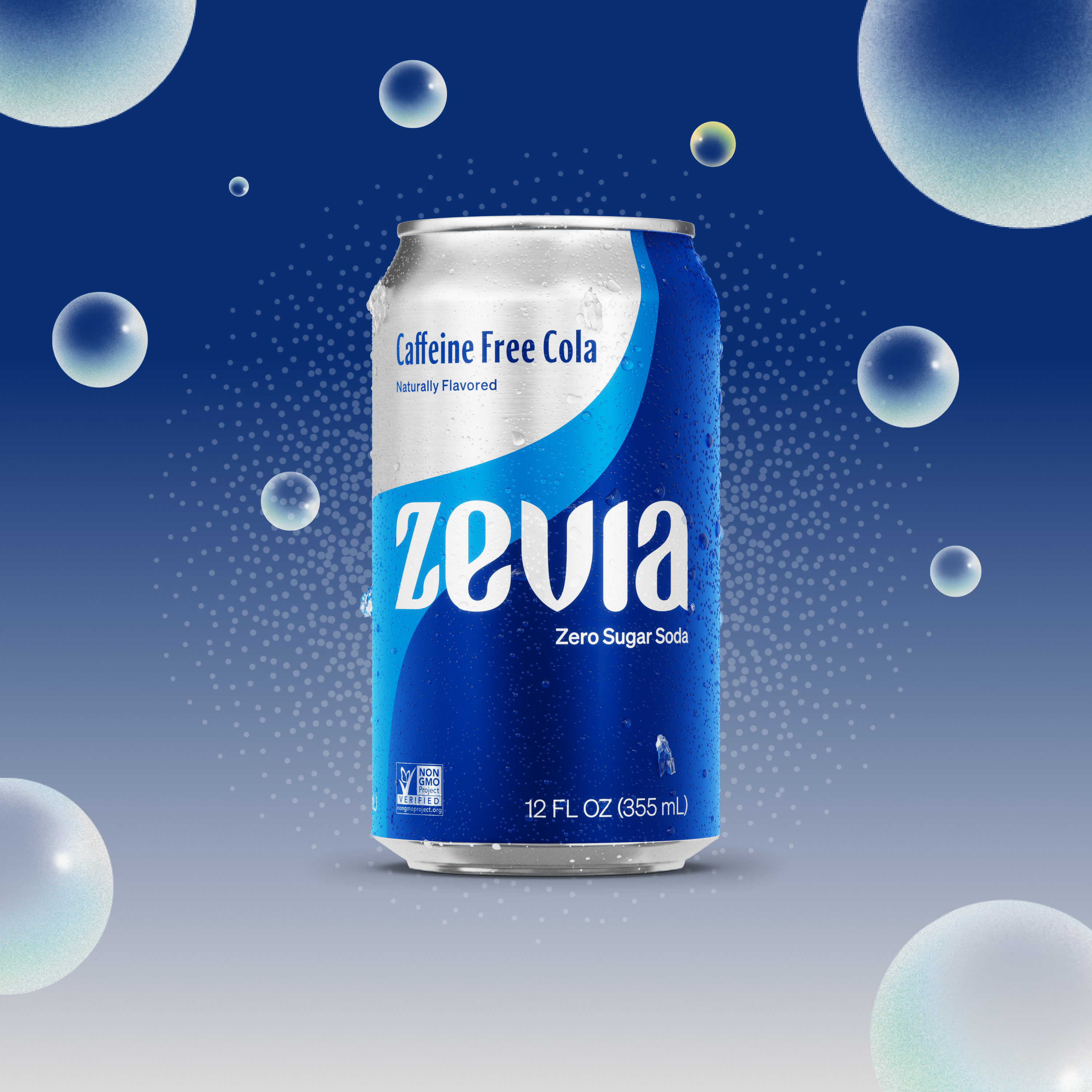 Zevia caffeine-free cola can on a blue background with bubbles