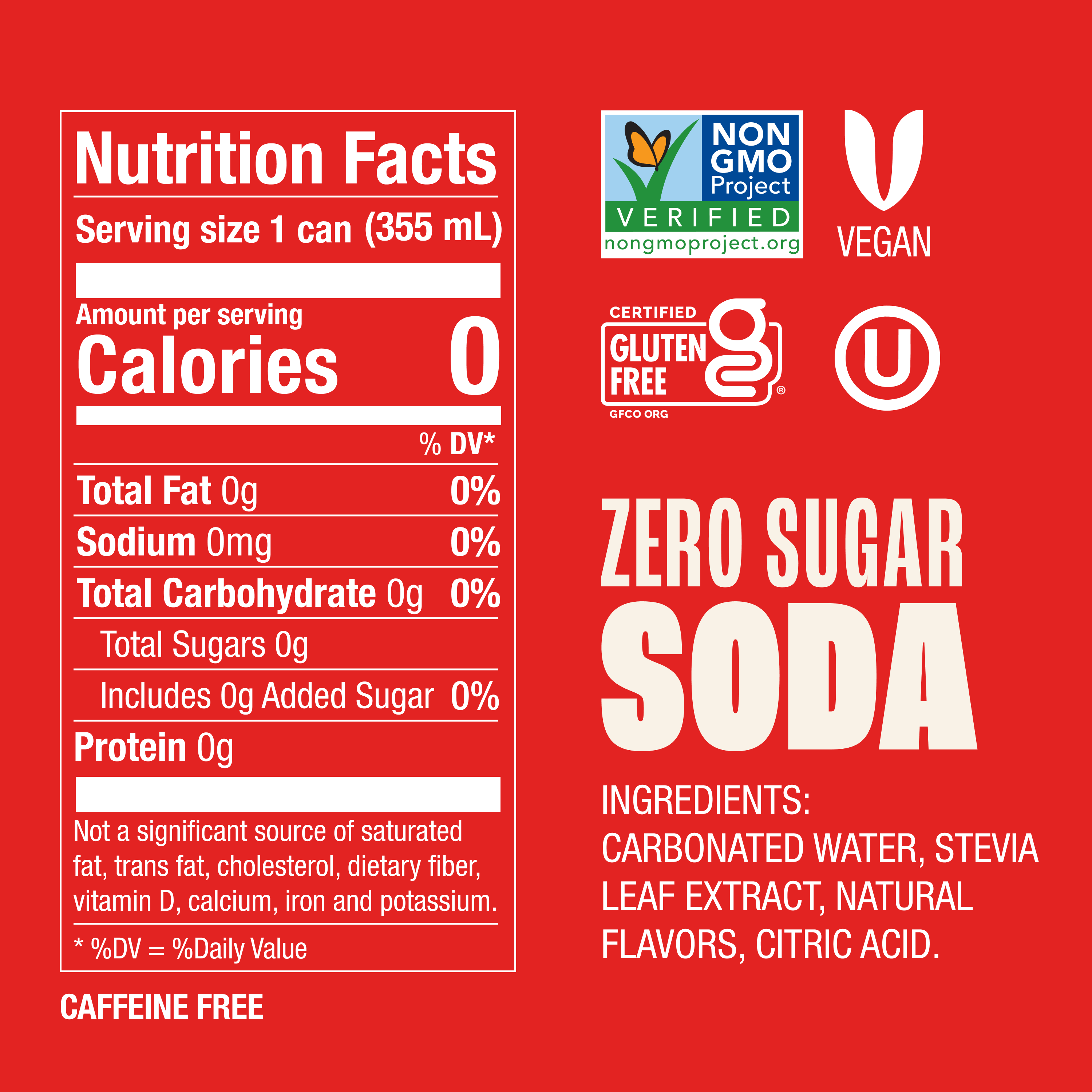 Nutrition facts label for a zero sugar soda on a red background with certification logos.