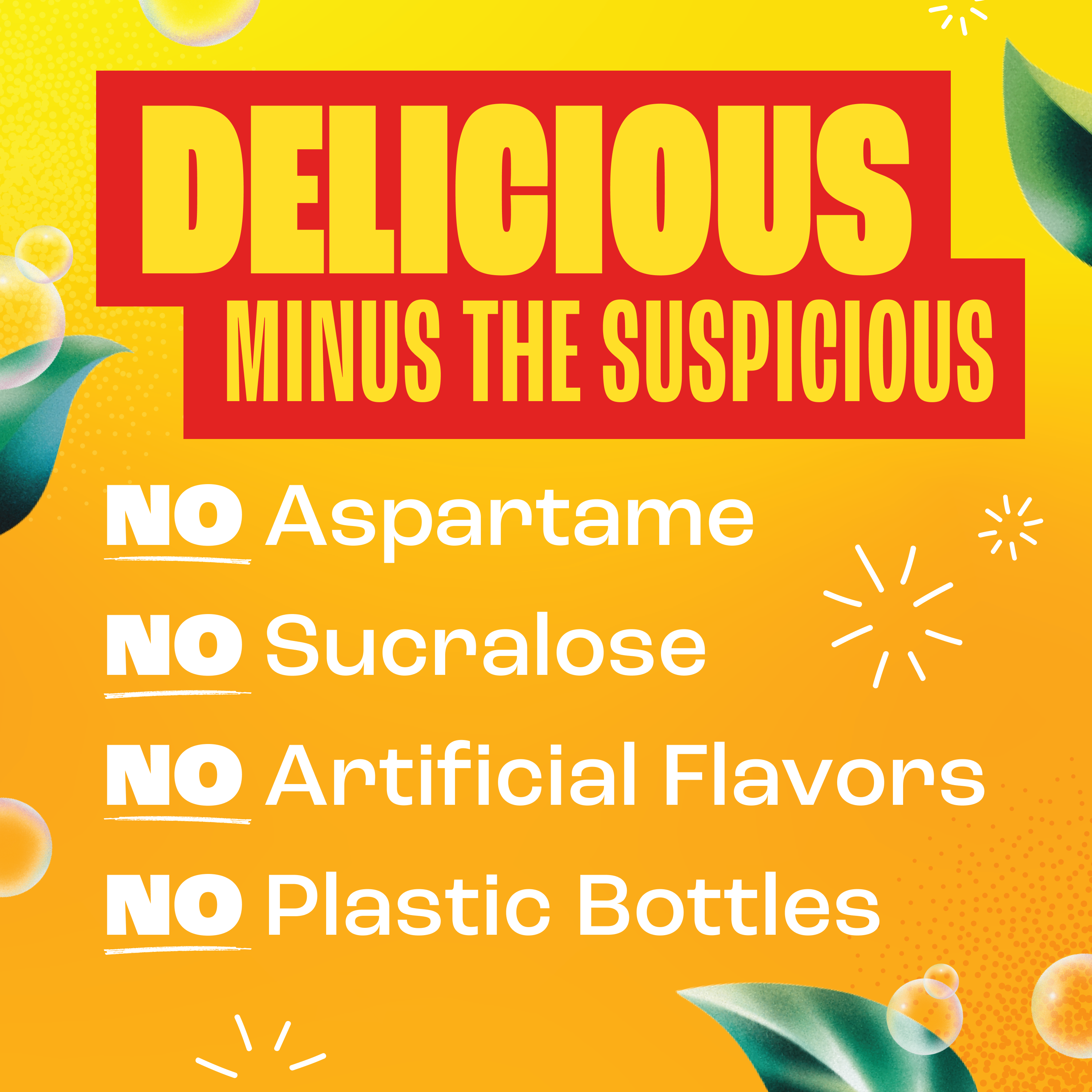 Promotional text on a yellow background with green leaves, emphasizing health benefits and product features.