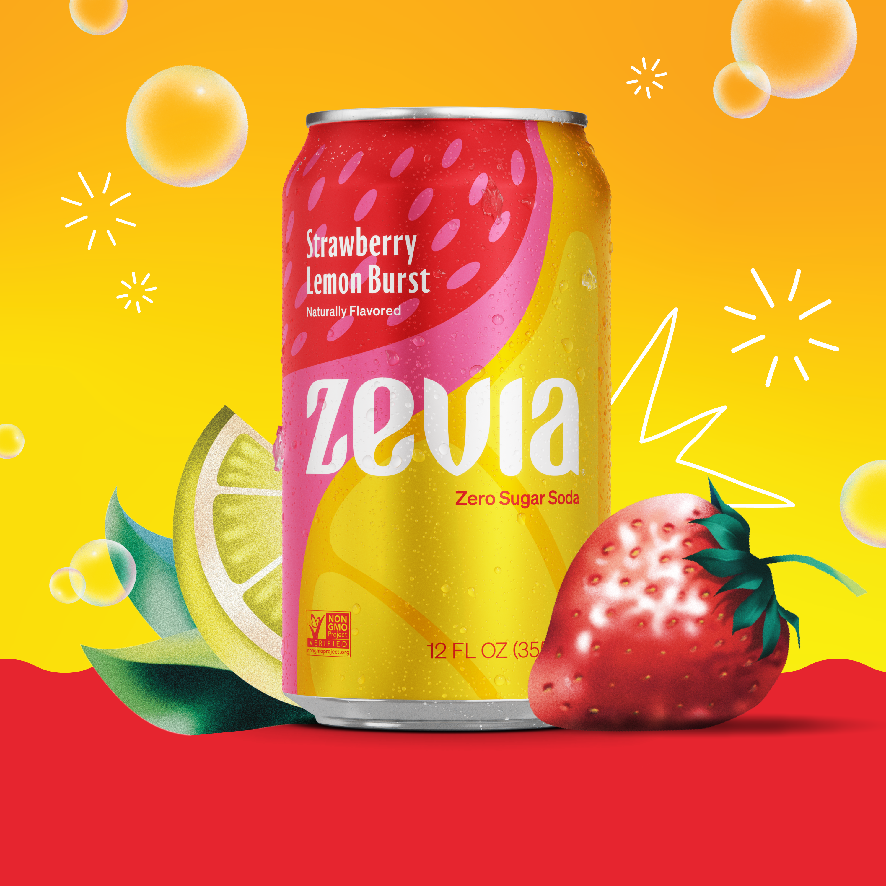 Zevia Strawberry Lemon Burst soda can on a colorful background with fruit graphics