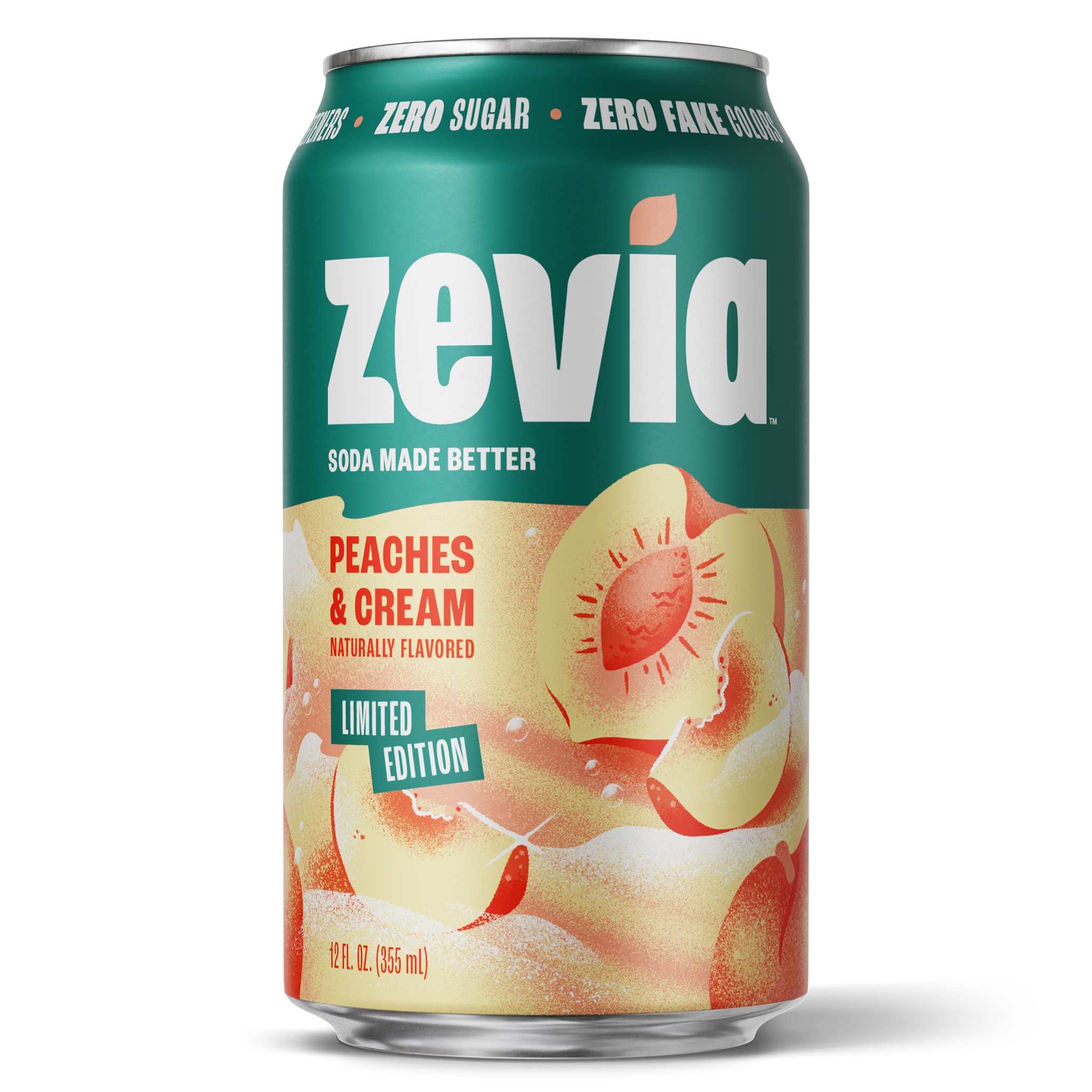 Zevia can of peaches & cream soda on a white background