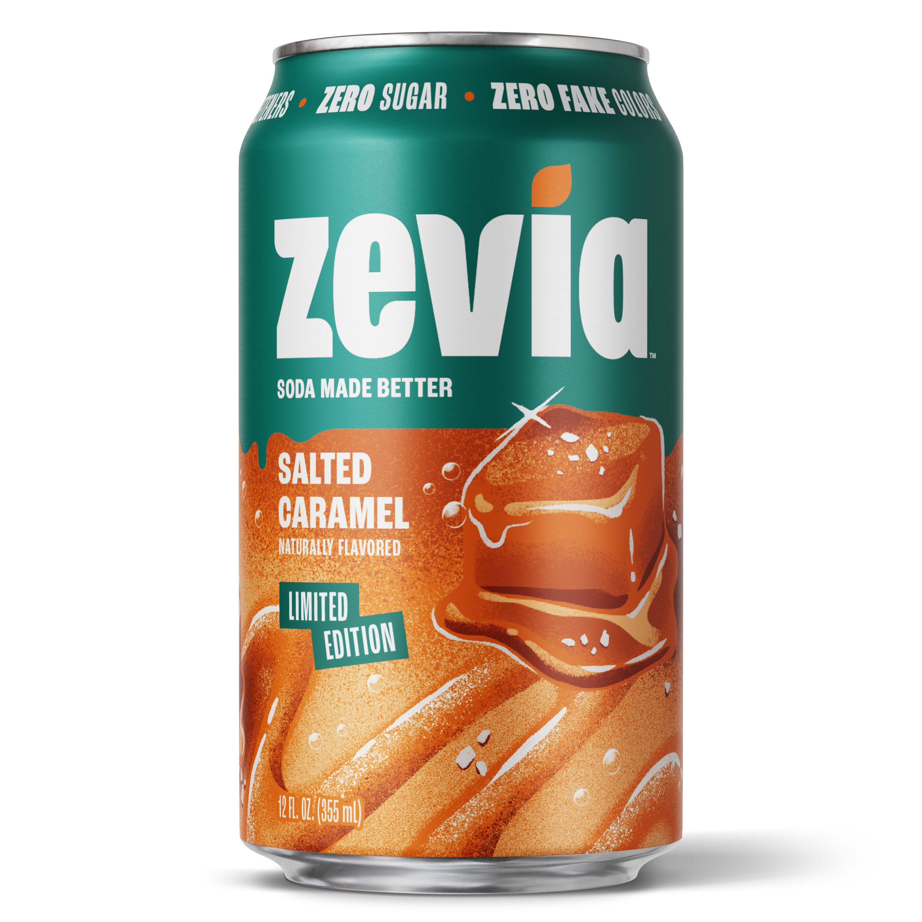 Zevia salted caramel soda can on a white background