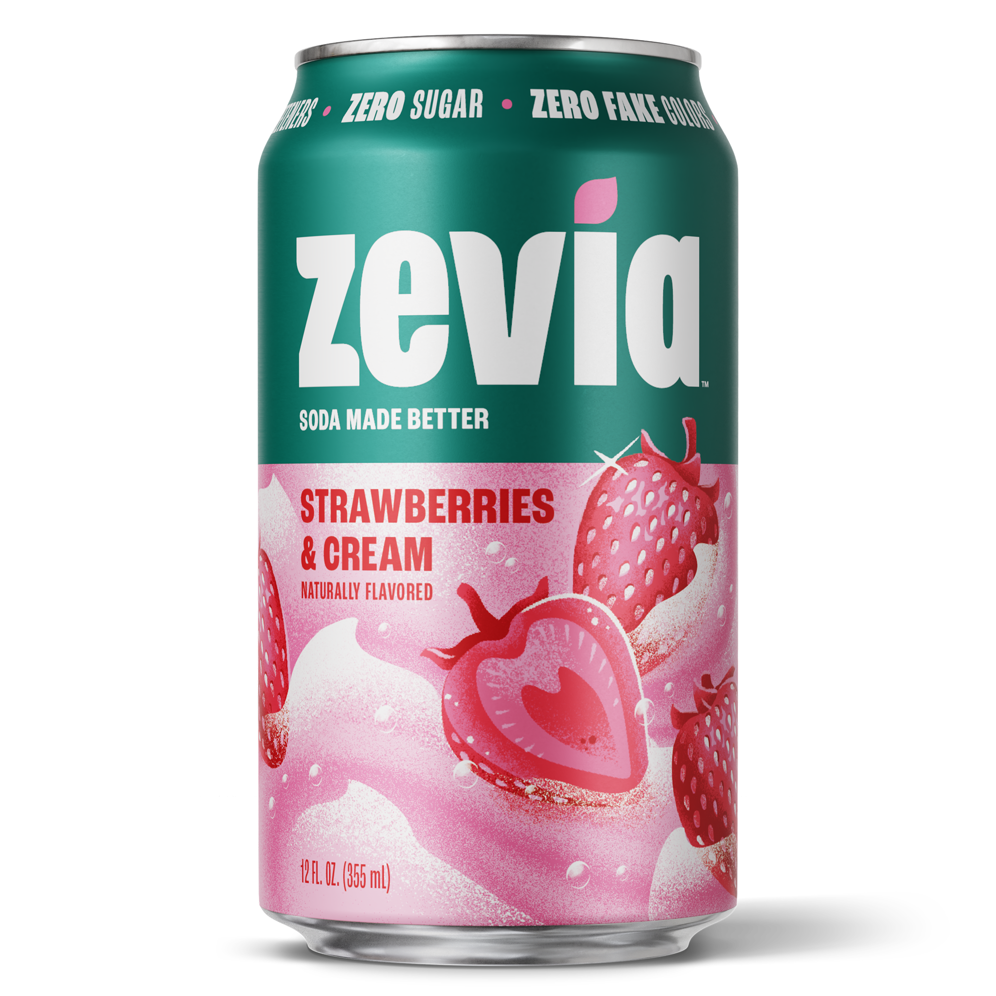 Zevia Strawberries & Cream soda can on a white background