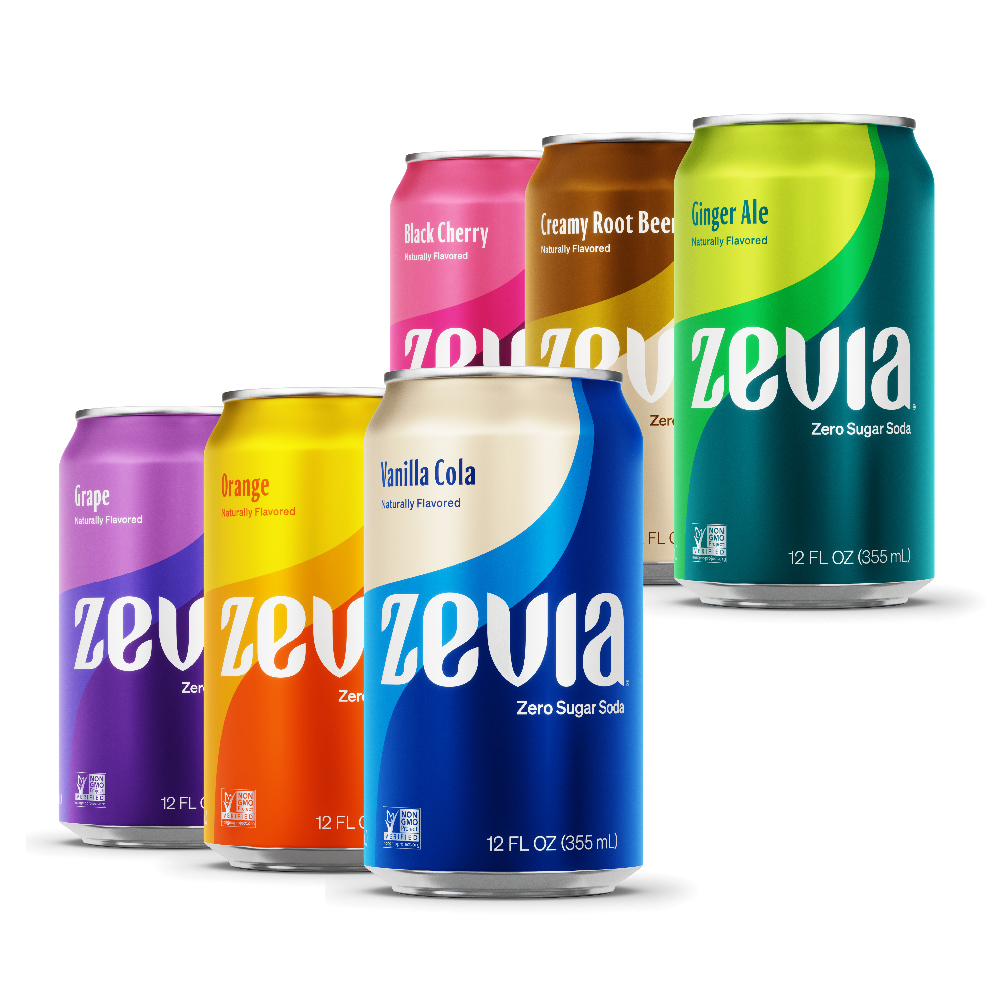 Rainbow pack of Zevia soda cans in various flavors on a white background