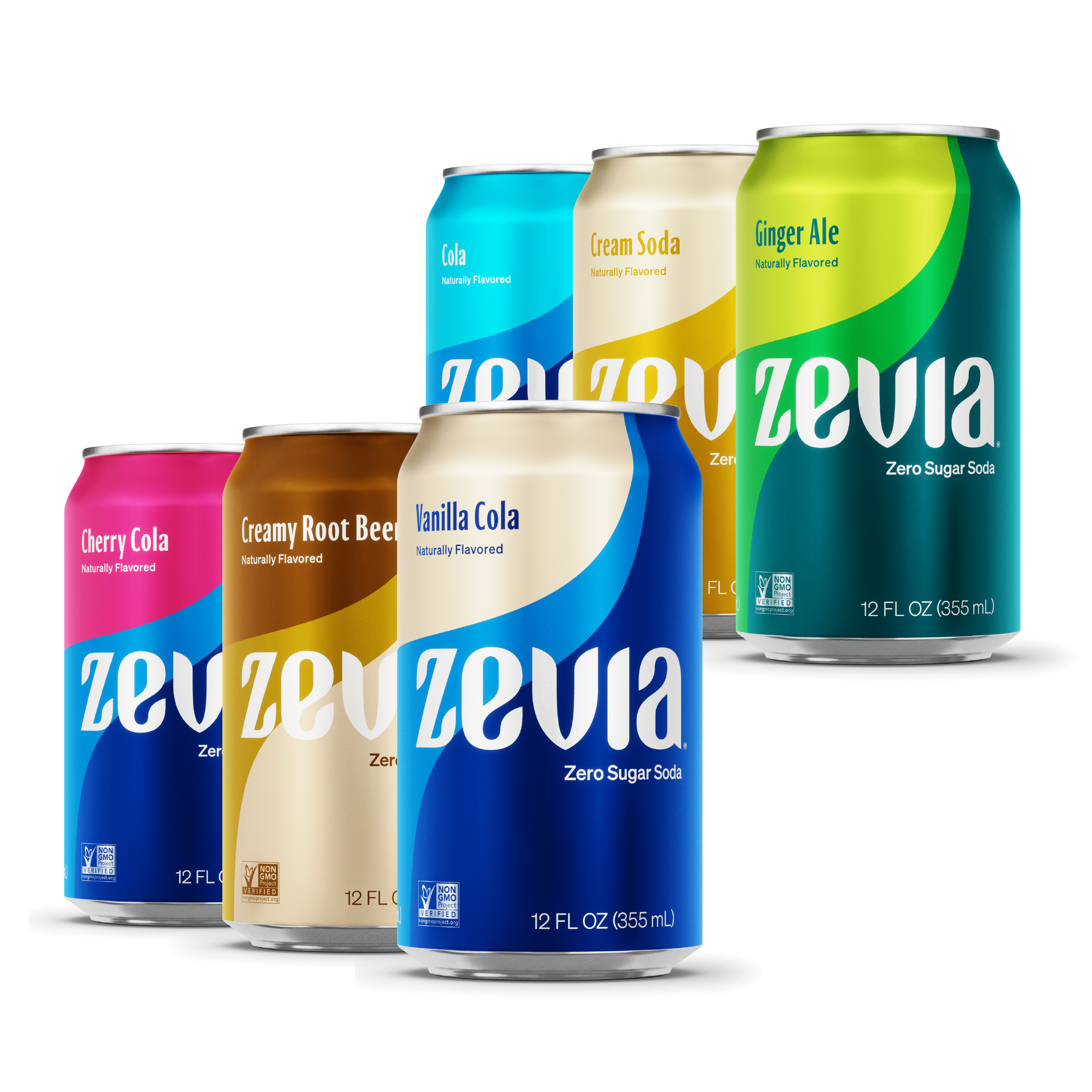 A variety of Zevia branded soda cans in different colors representing different flavors.