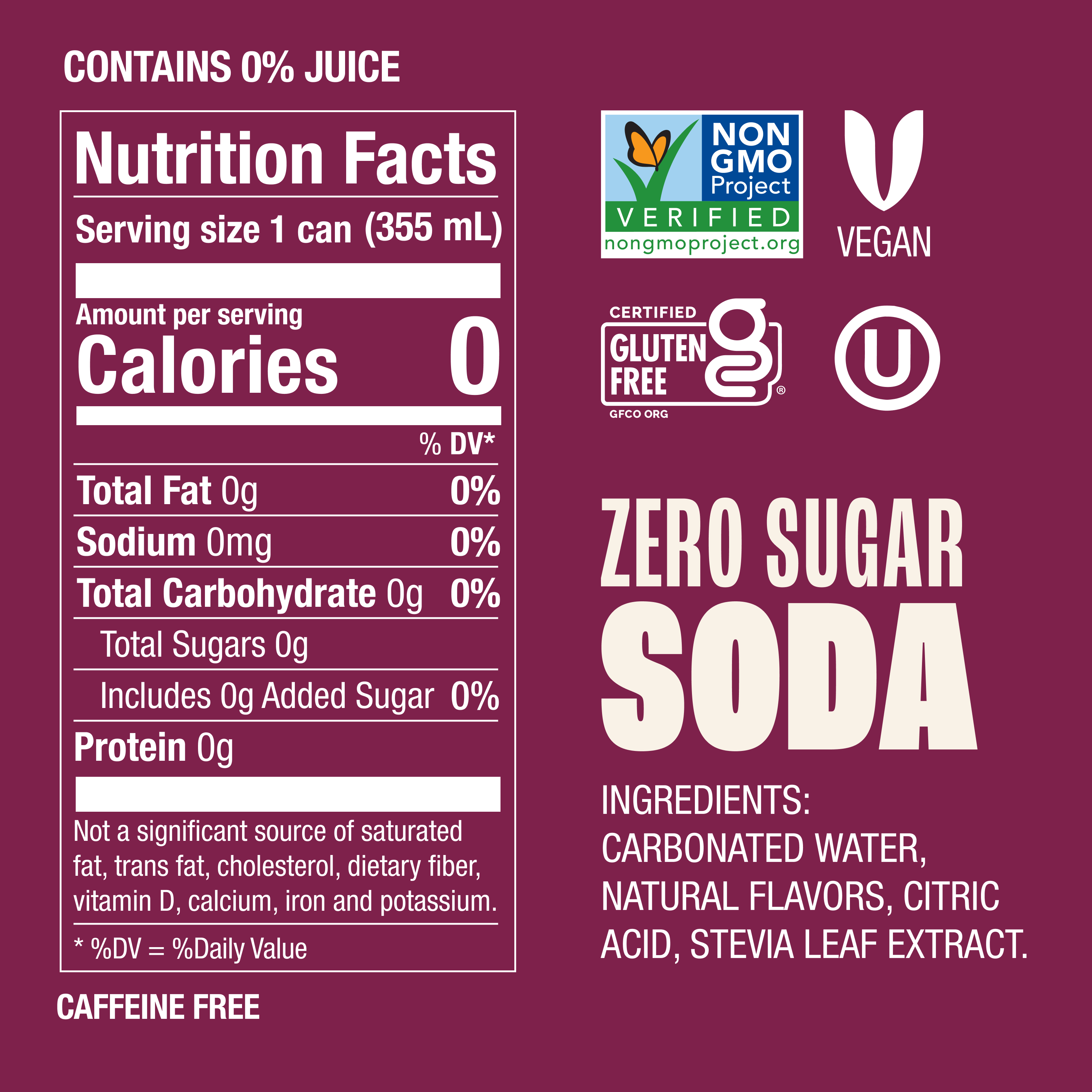 Nutrition facts label for a zero sugar soda on a purple background with certification logos.