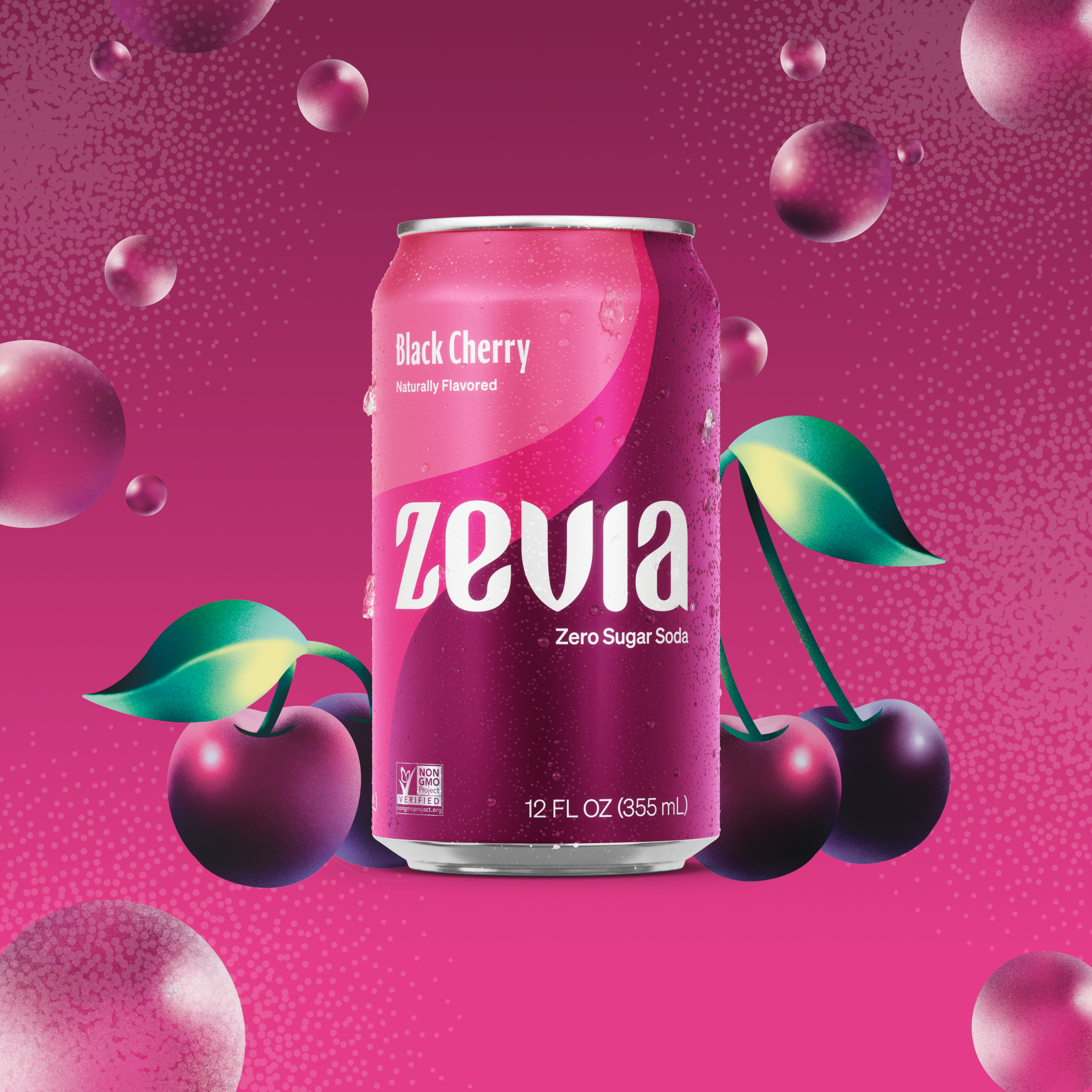 Zevia Black Cherry soda can on a pink background with cherries and bubbles