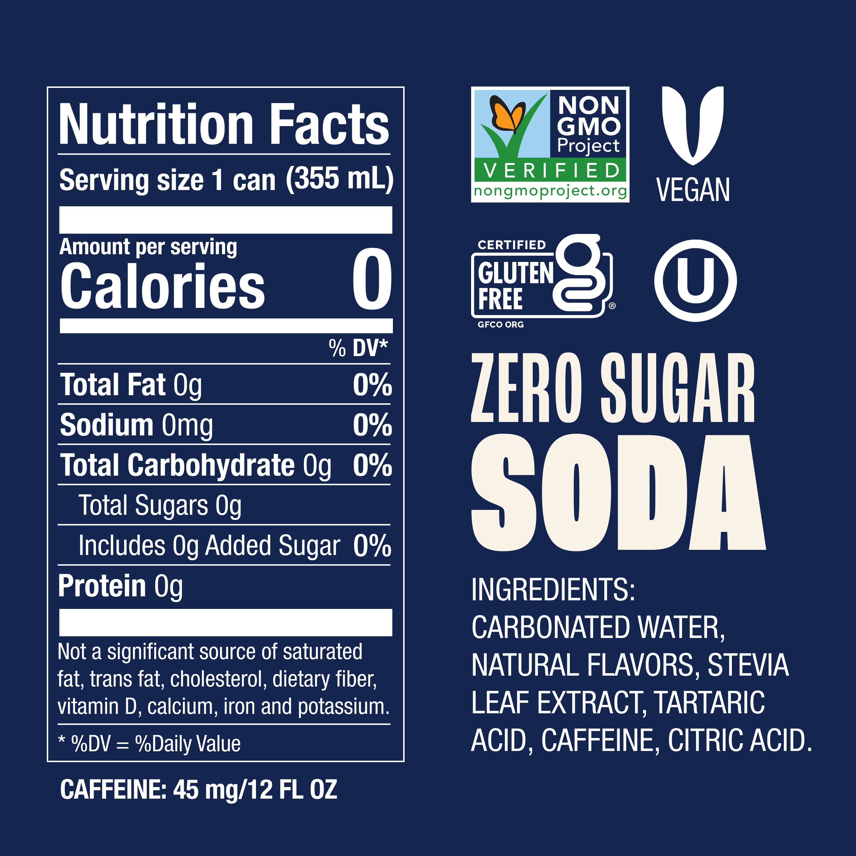 Nutrition facts label and ingredient list for a zero sugar soda on a blue background with certification logos.
