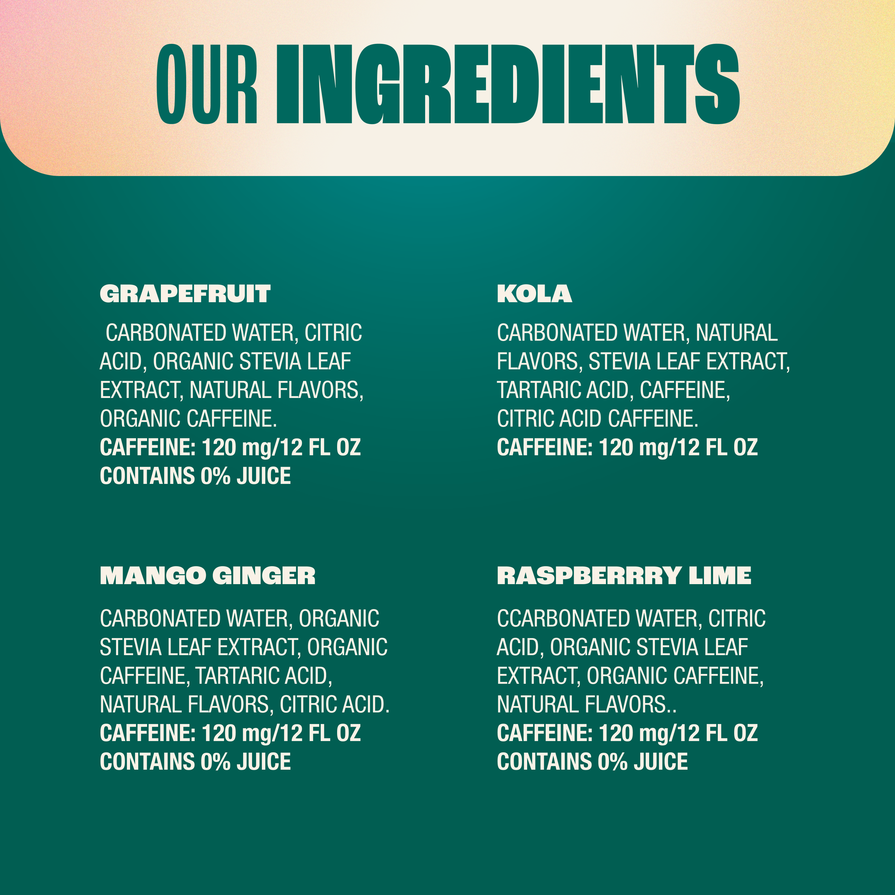 List of ingredients for grapefruit, kola, mango ginger, and raspberry lime drinks on a green background.