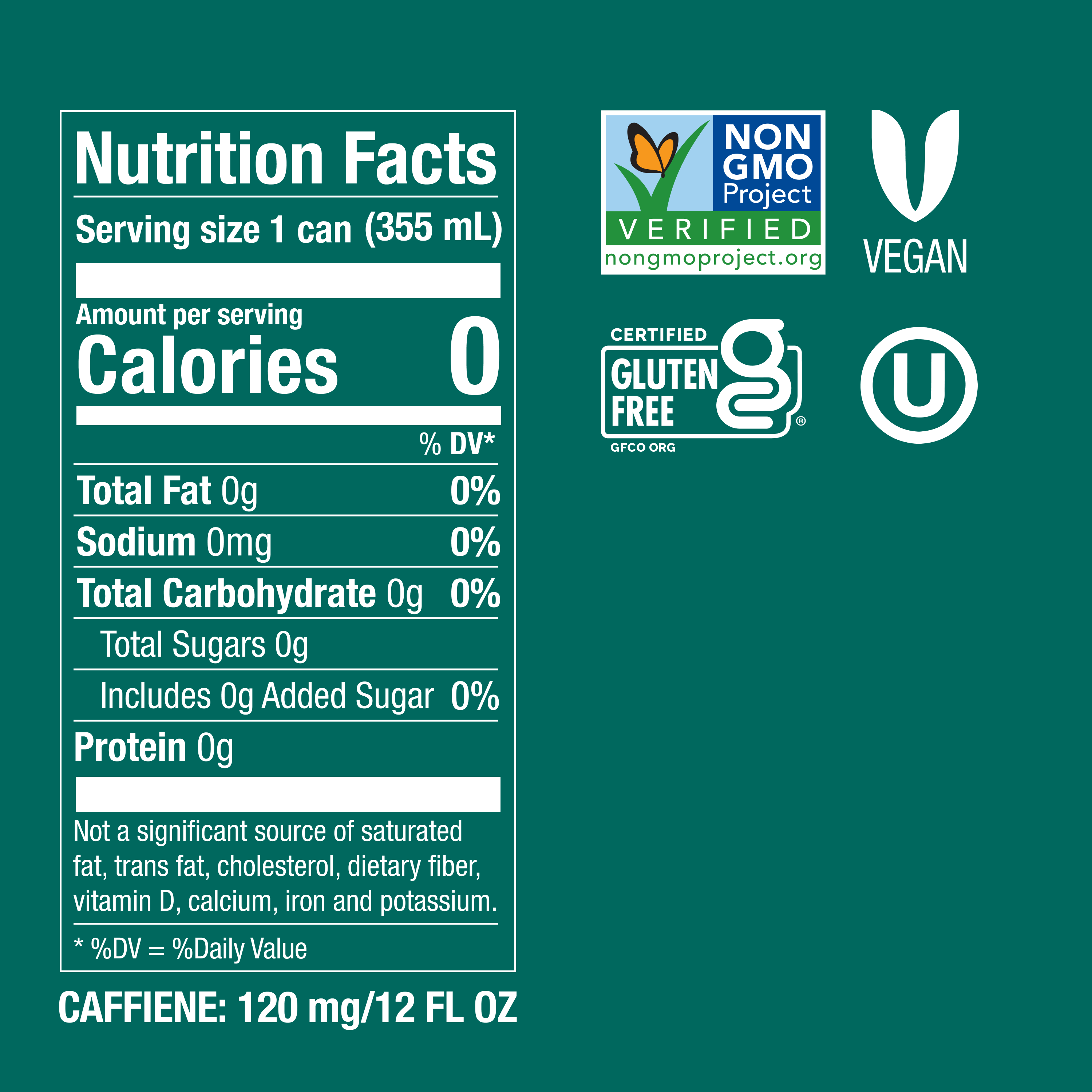 Nutrition facts label with certification logos on a green background