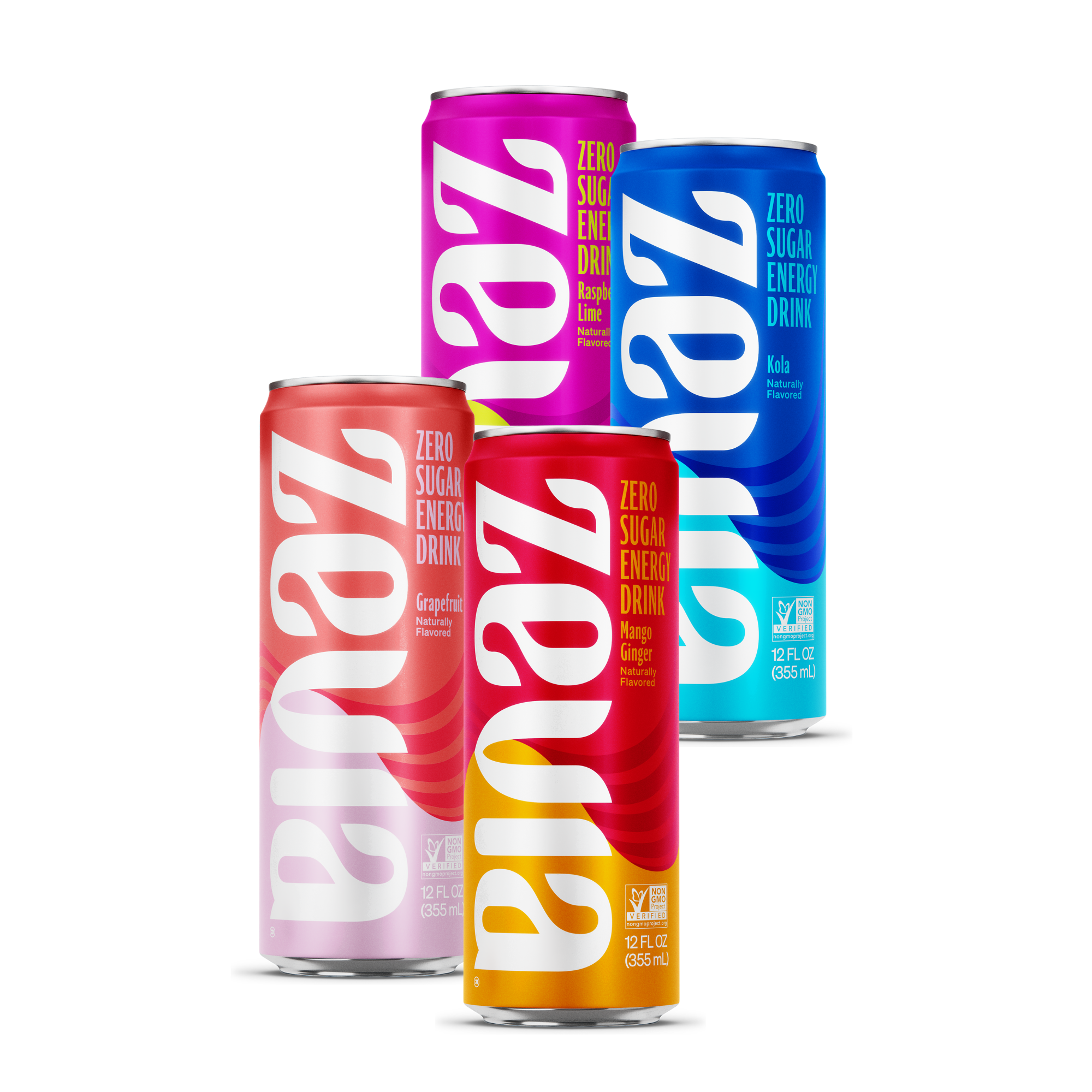 Four canned beverages from the Zevia brand, each with a different flavor, displayed side by side. The flavors are indicated by the colors of the cans, which are pink, red, blue, and yellow.
