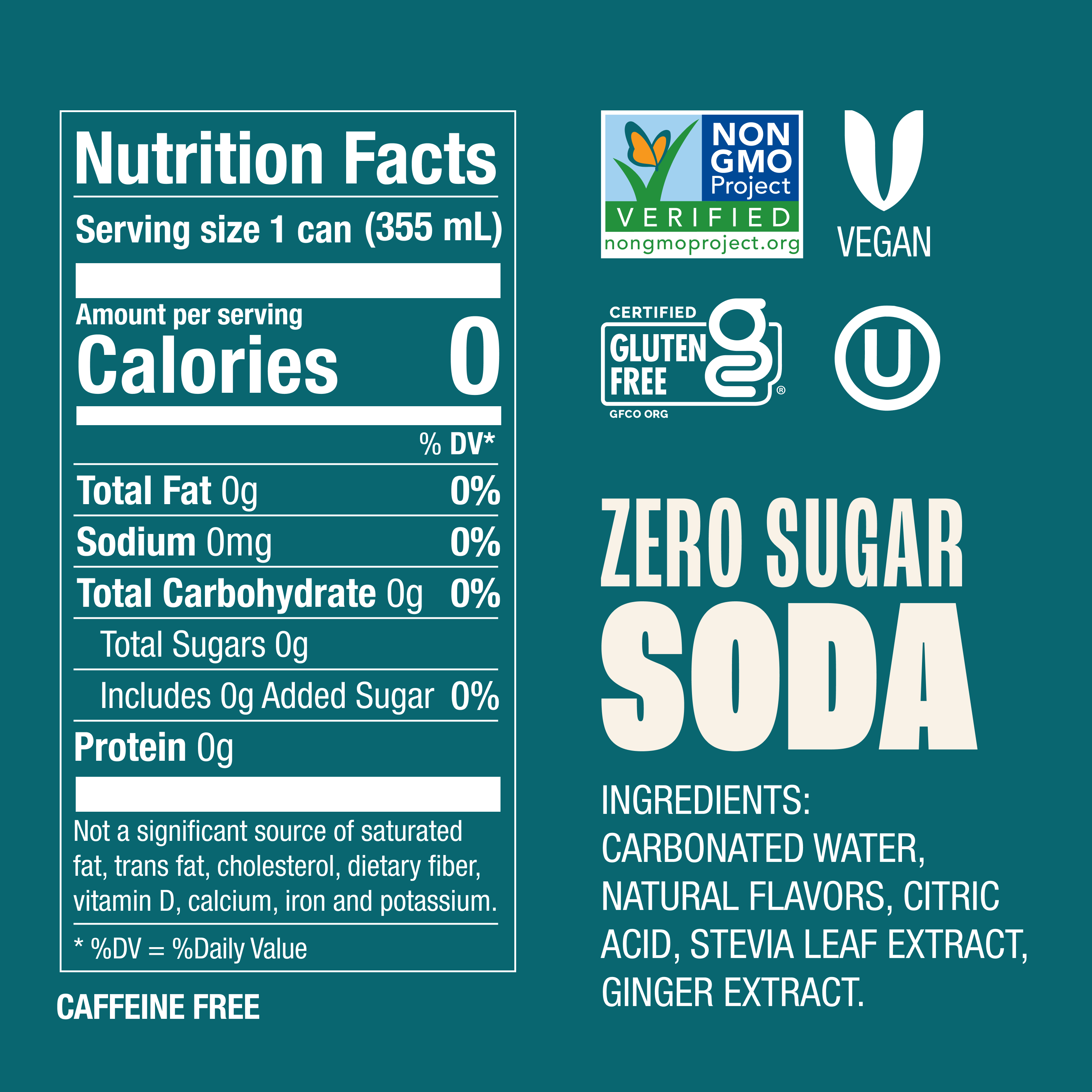 Nutrition facts label for a zero sugar soda with certification logos on a teal background.