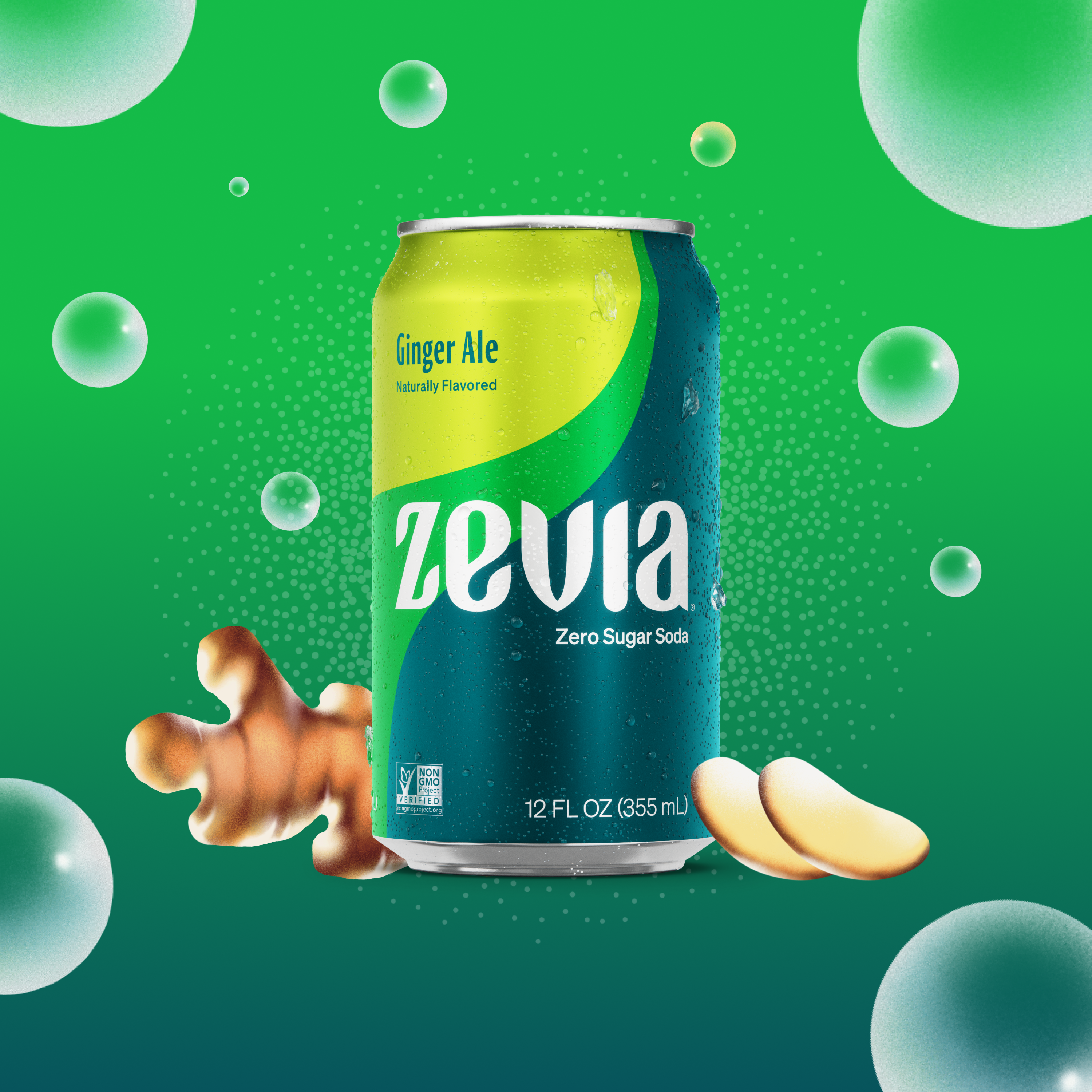 Zevia ginger ale can on a green background with bubbles and ginger root.