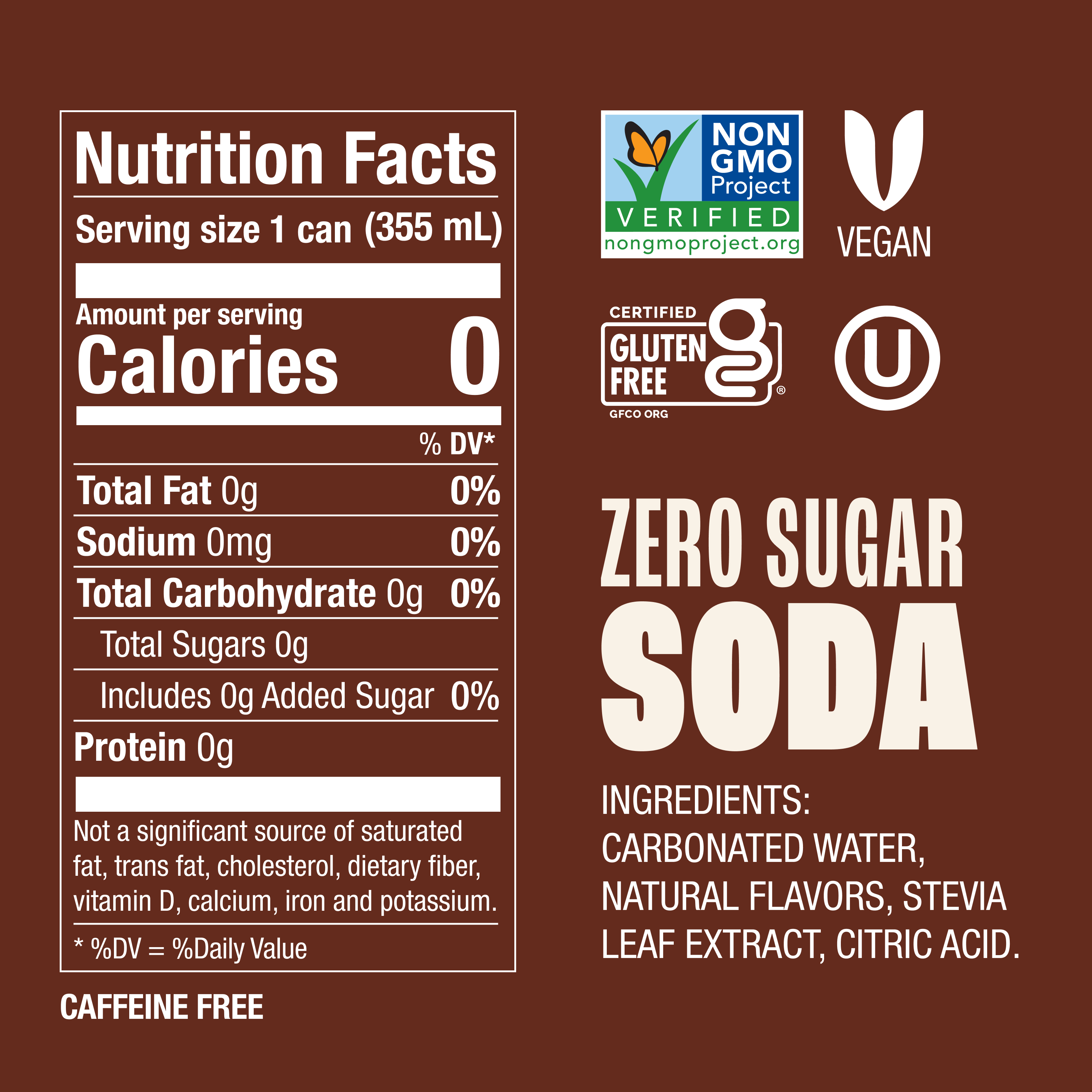 Nutrition facts label and branding elements for a zero sugar soda on a brown background.