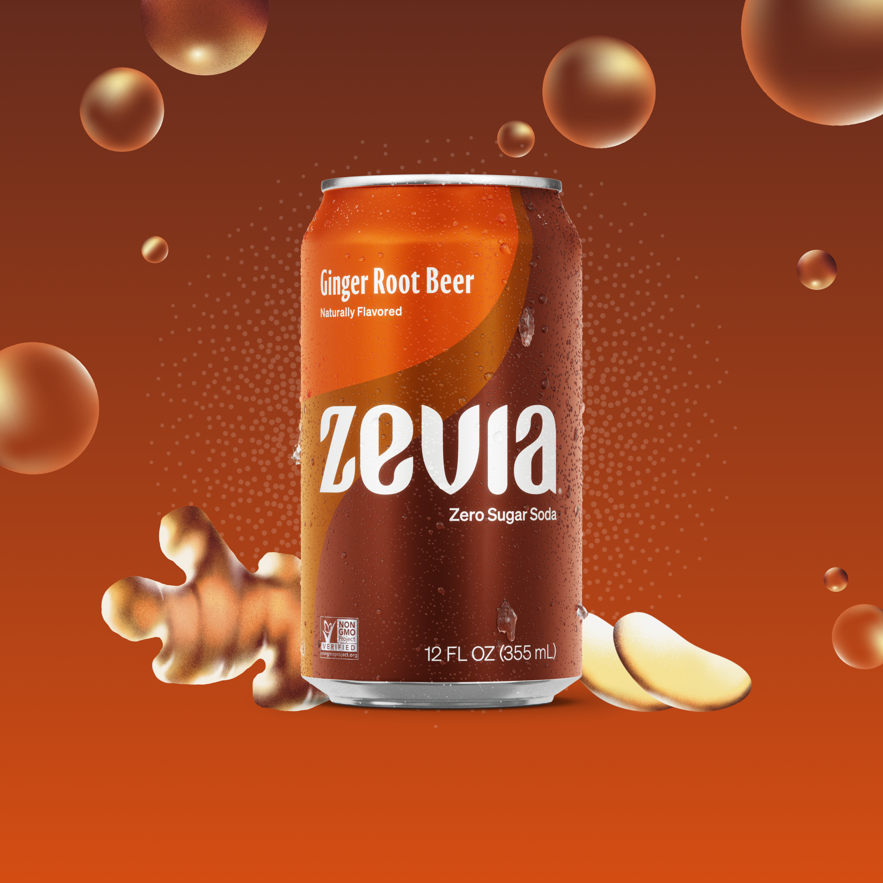 Zevia Ginger Root Beer soda can on an orange background with bubbles and a ginger root.