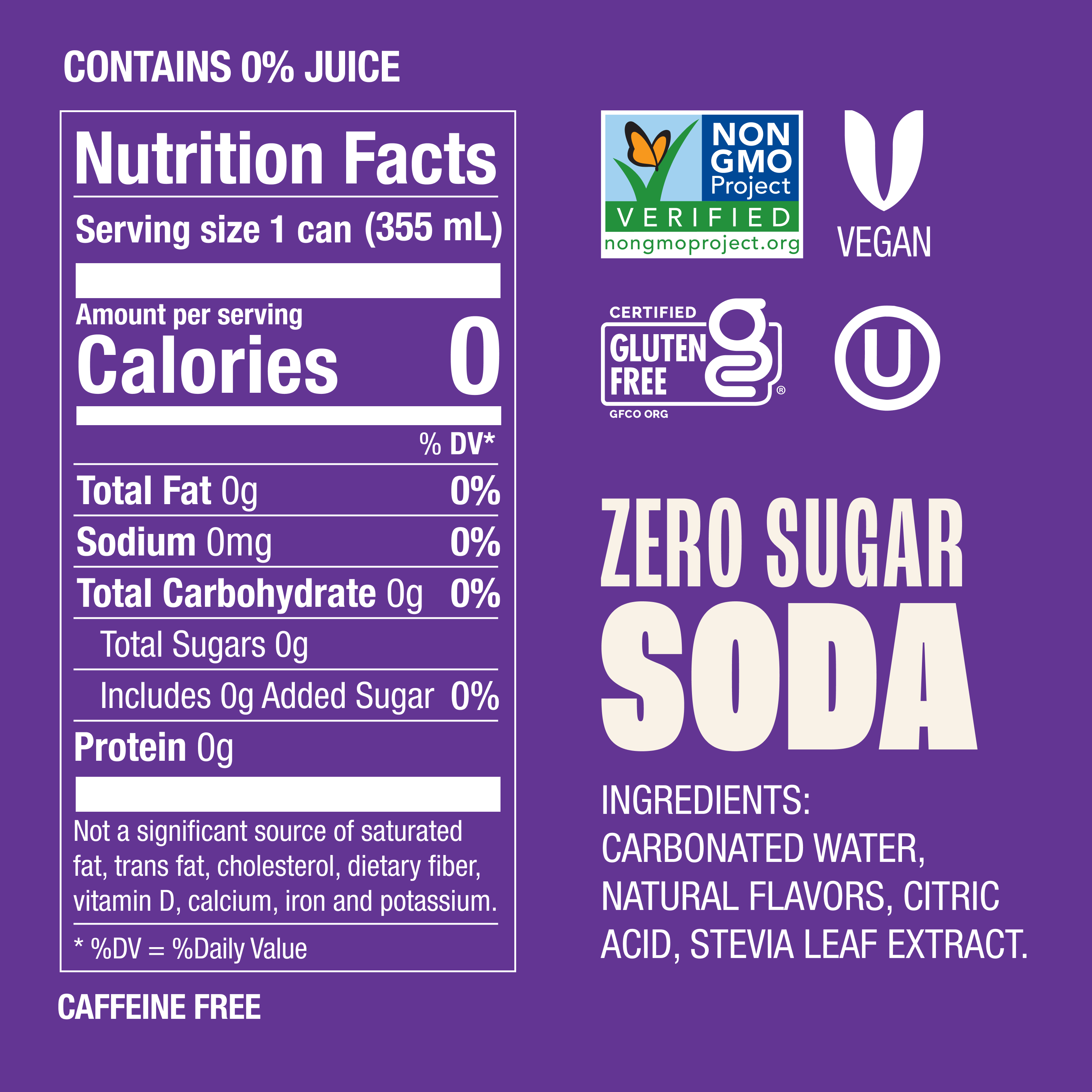 Nutrition facts label for a zero sugar soda on a purple background with certification logos.