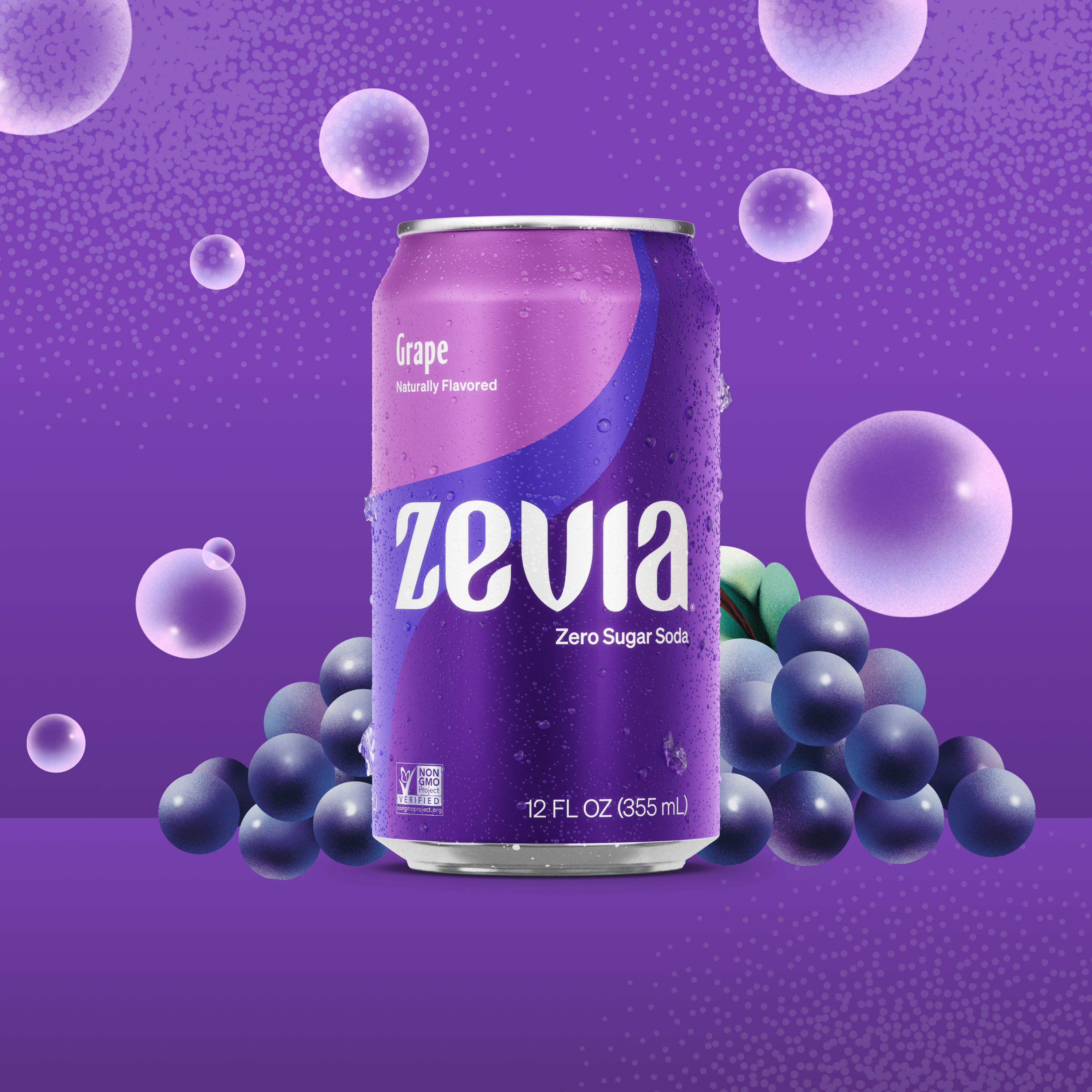 Zevia grape soda can with grapes and bubbles on a purple background