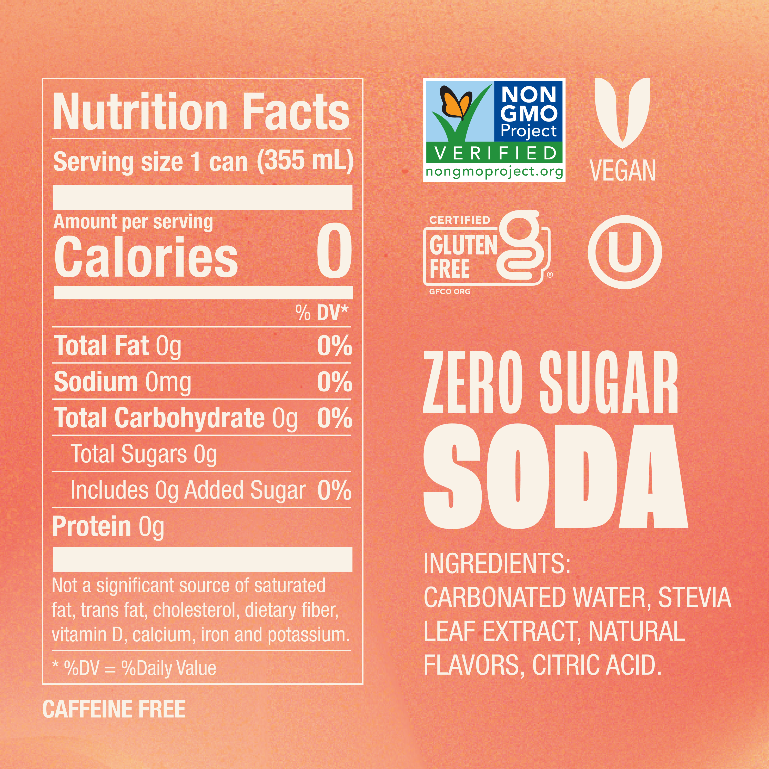 Nutrition facts label for a zero sugar soda with certification logos on an orange background.