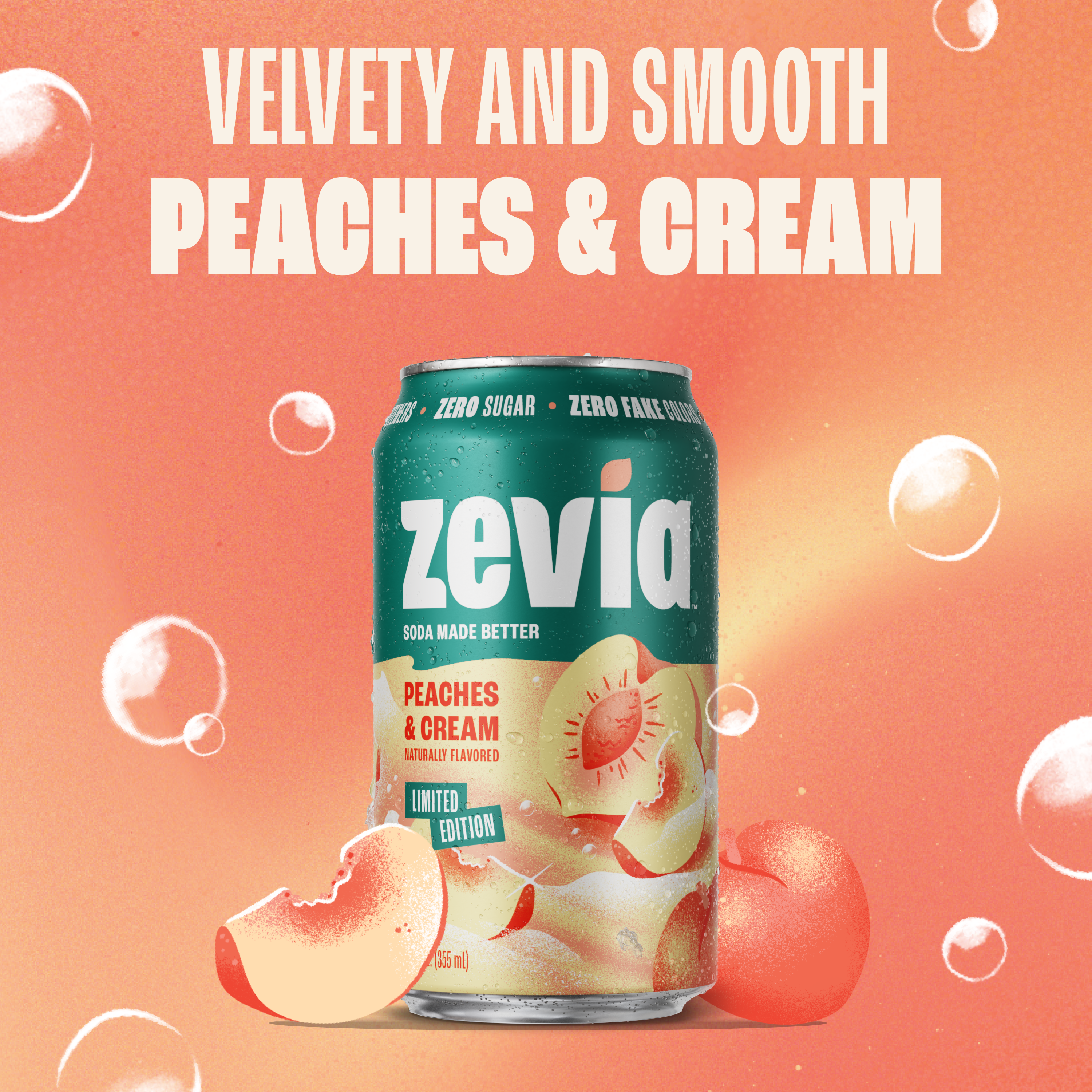 Zevia Peaches & Cream soda can on an orange background with peaches and bubbles.