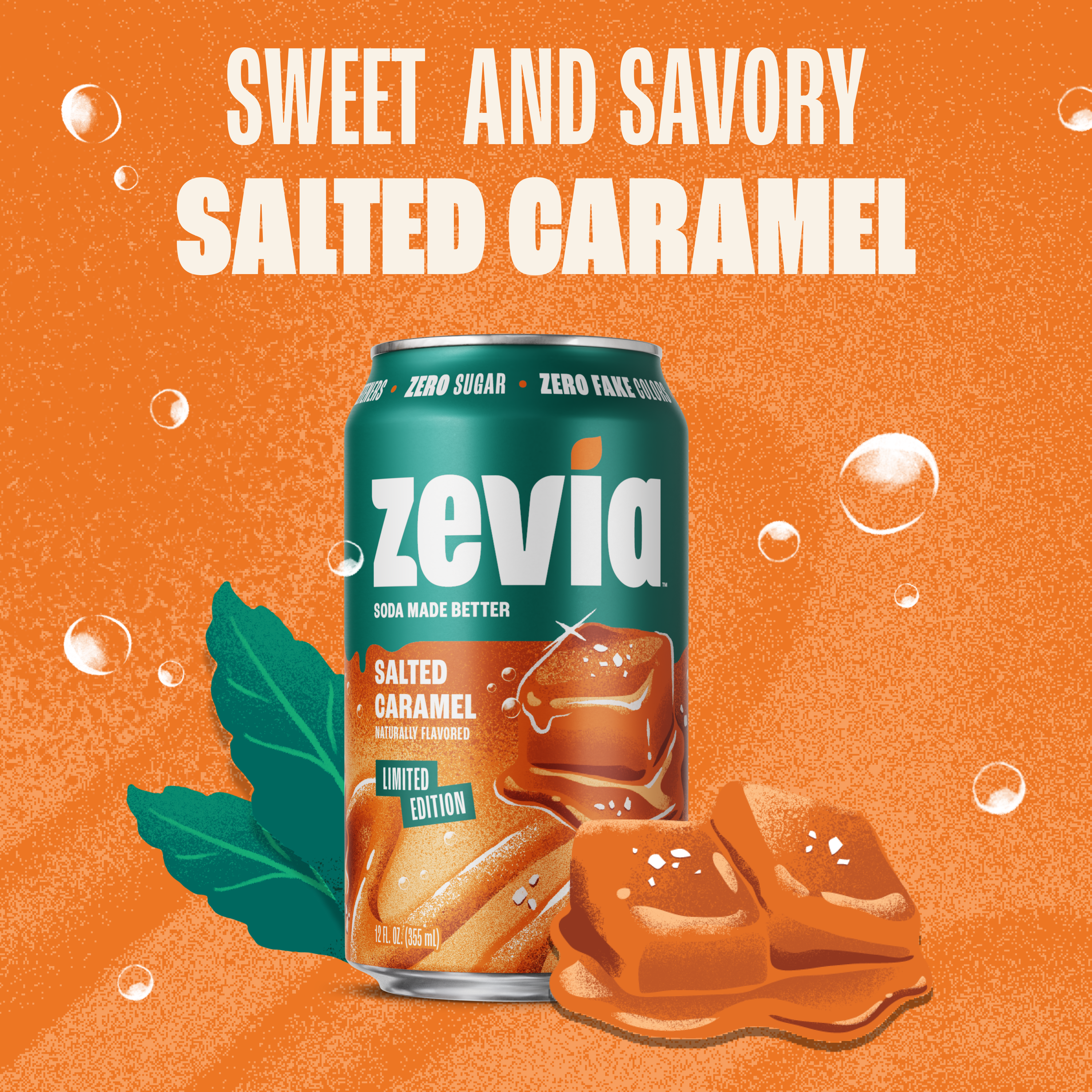Zevia salted caramel soda can on an orange background with text 'Sweet and Savory Salted Caramel'.
