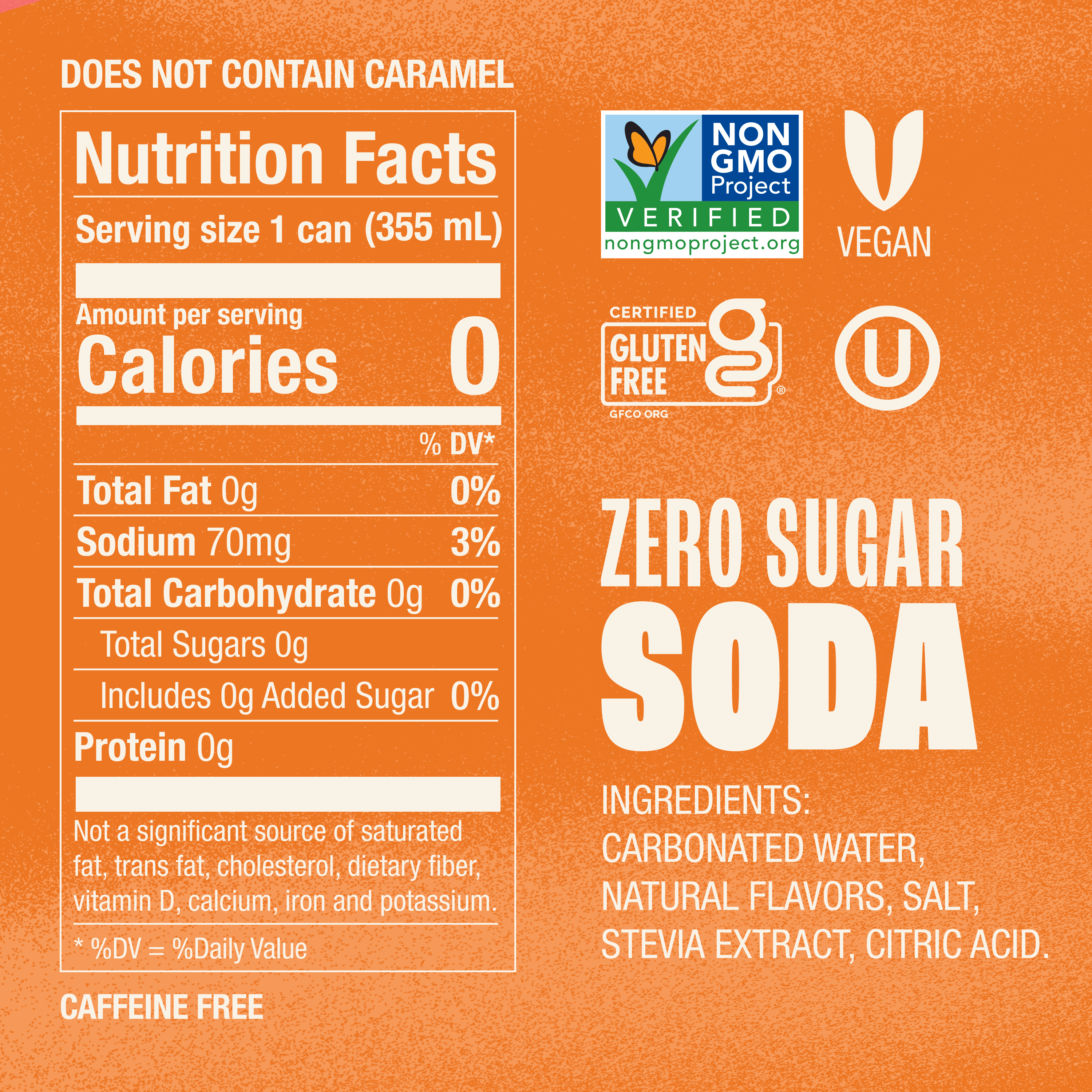 Nutrition facts label for a zero sugar soda on an orange background with certification logos.