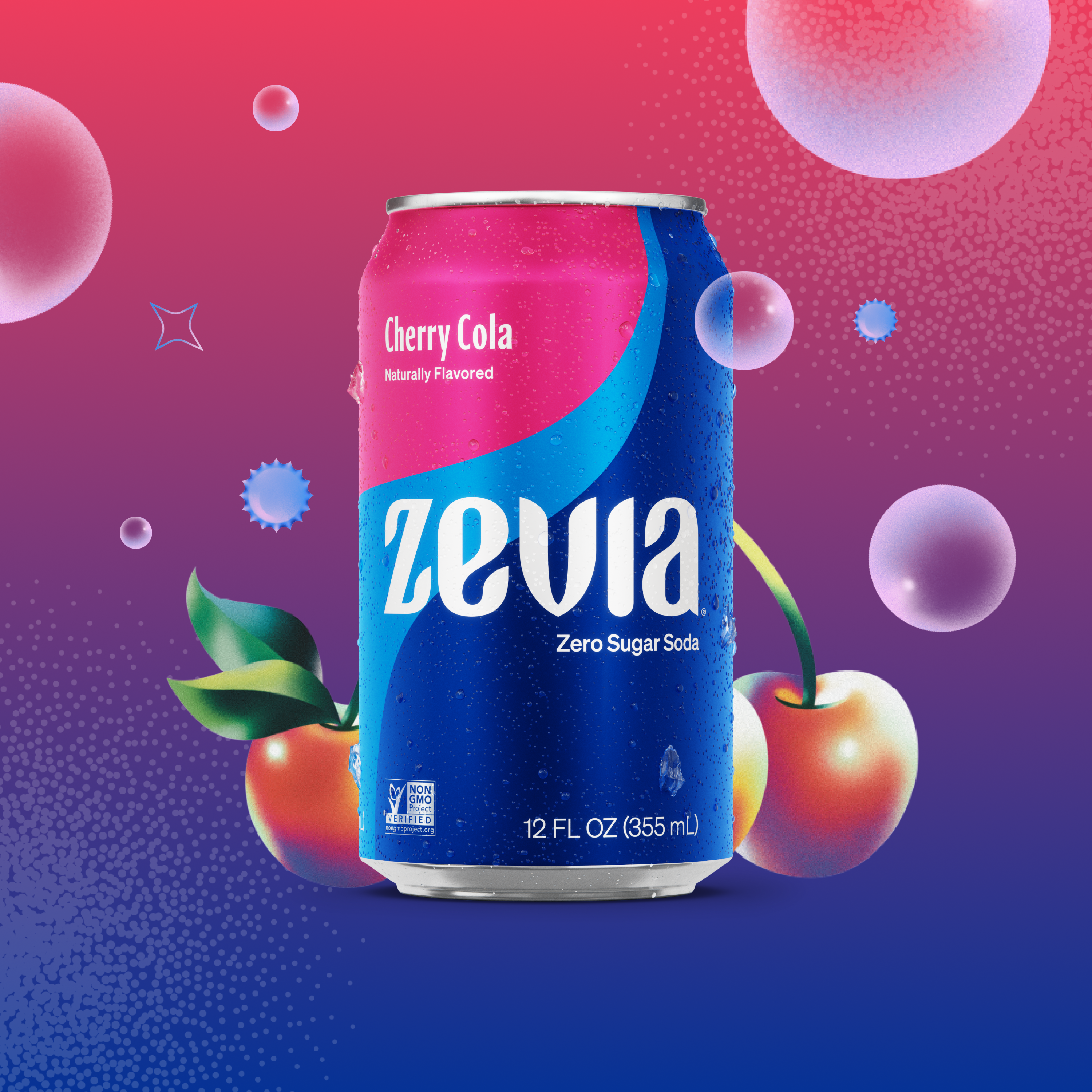 Zevia Cherry Cola can on a colorful background with cherries and bubbles