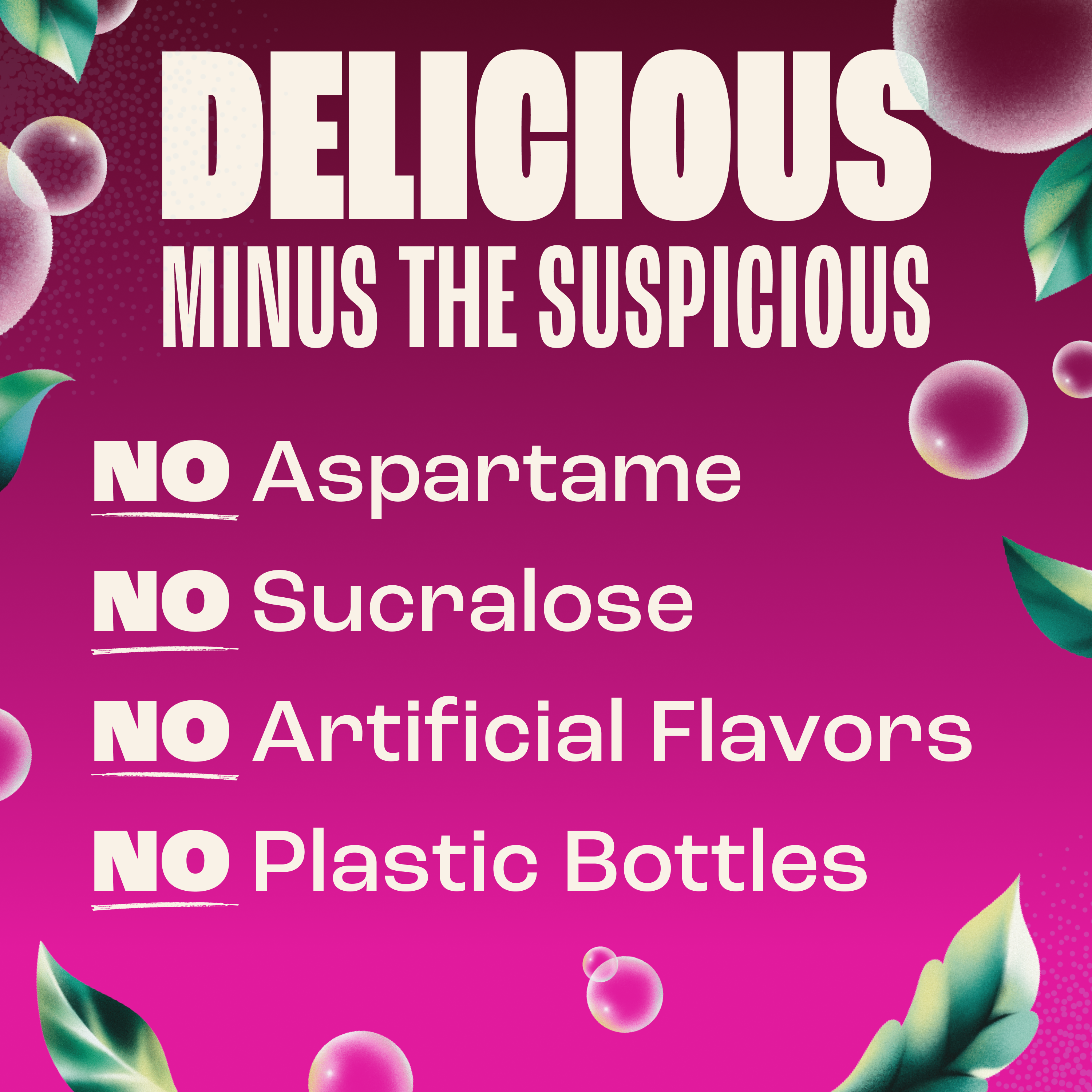 Product label with text about ingredients and packaging on a pink background with bubbles and leaves.