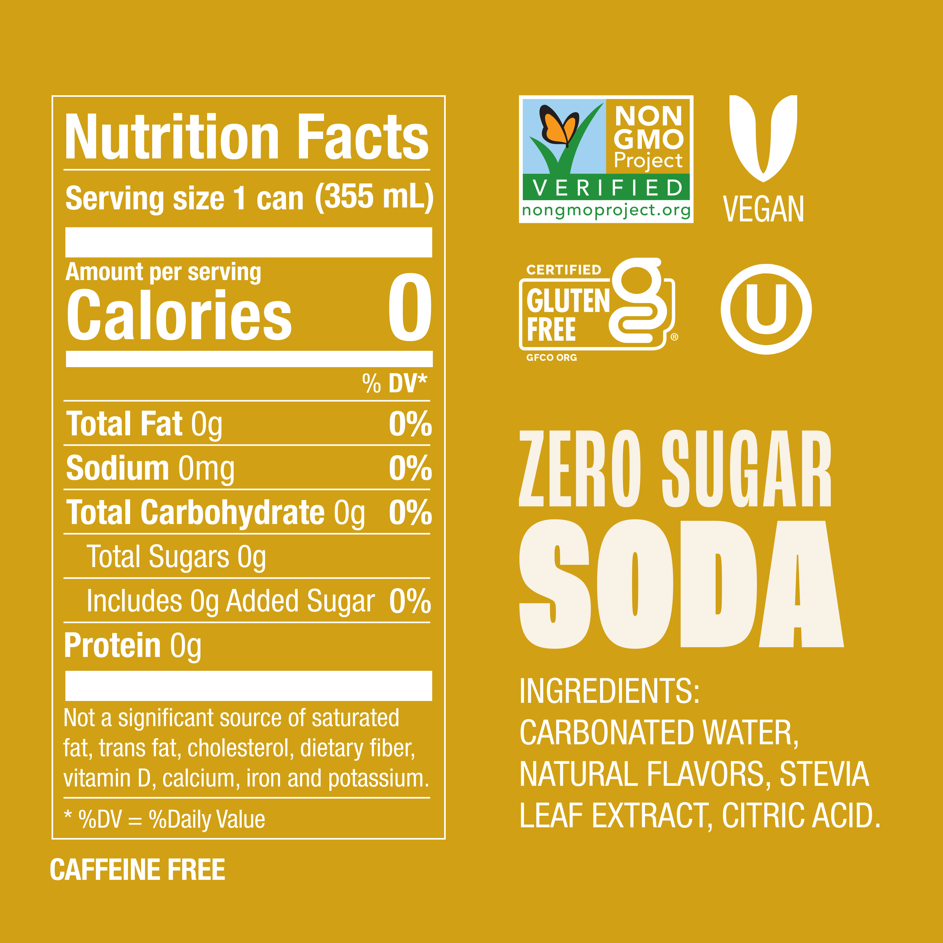 Nutrition facts label for a zero sugar soda on a yellow background with certification logos.