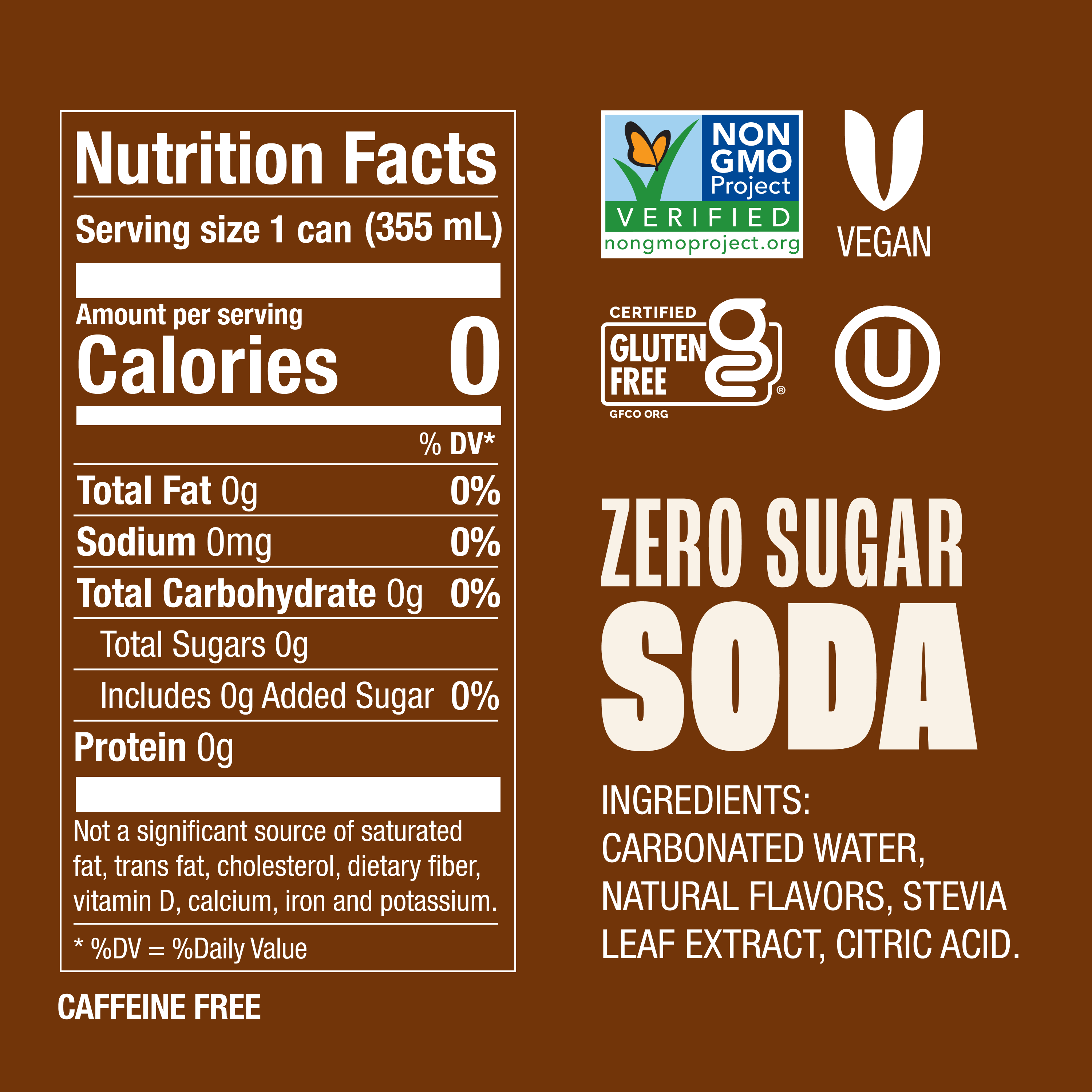 Nutrition facts label for a zero sugar soda on a brown background with certification logos.