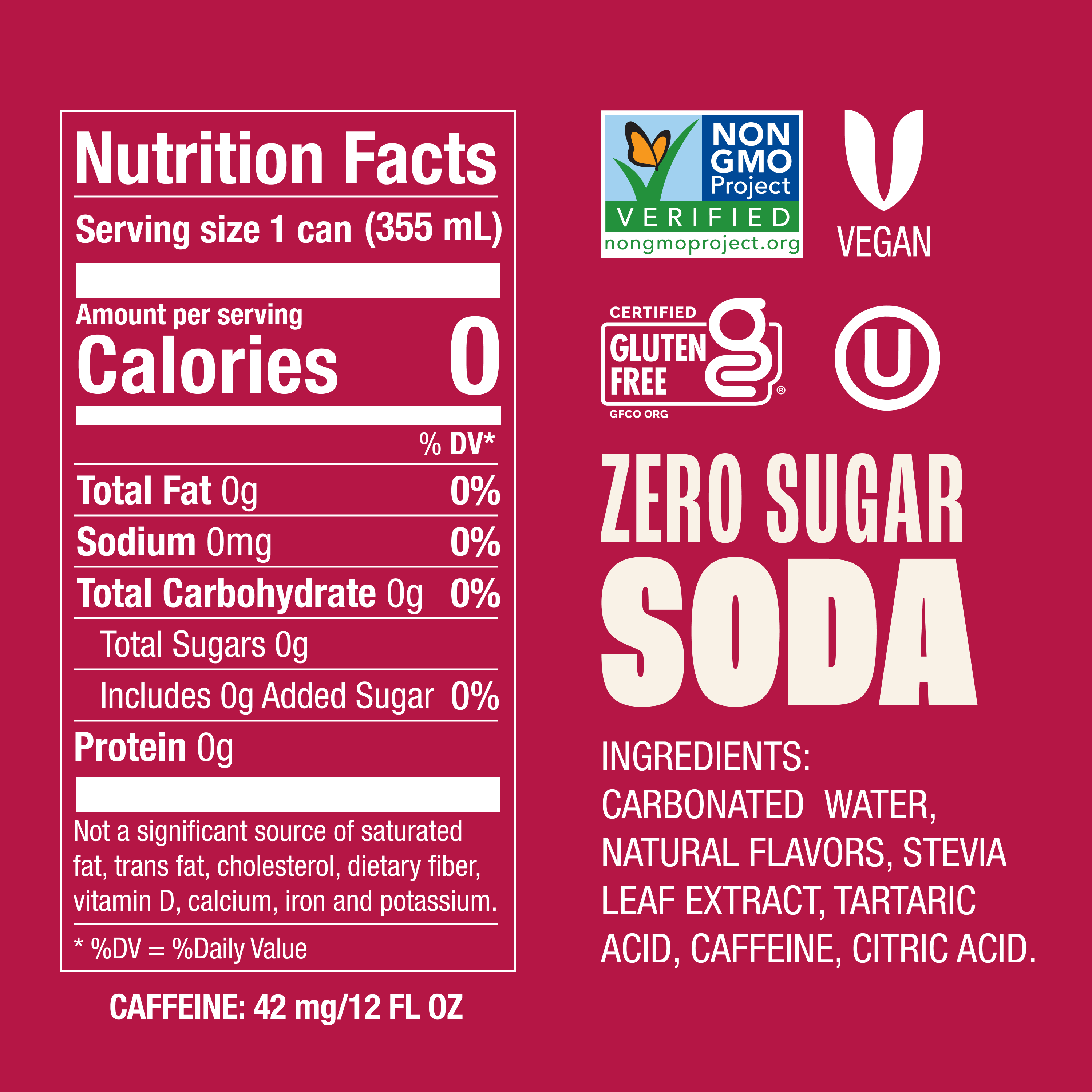 Nutrition facts label for a zero sugar soda on a red background with certification logos.