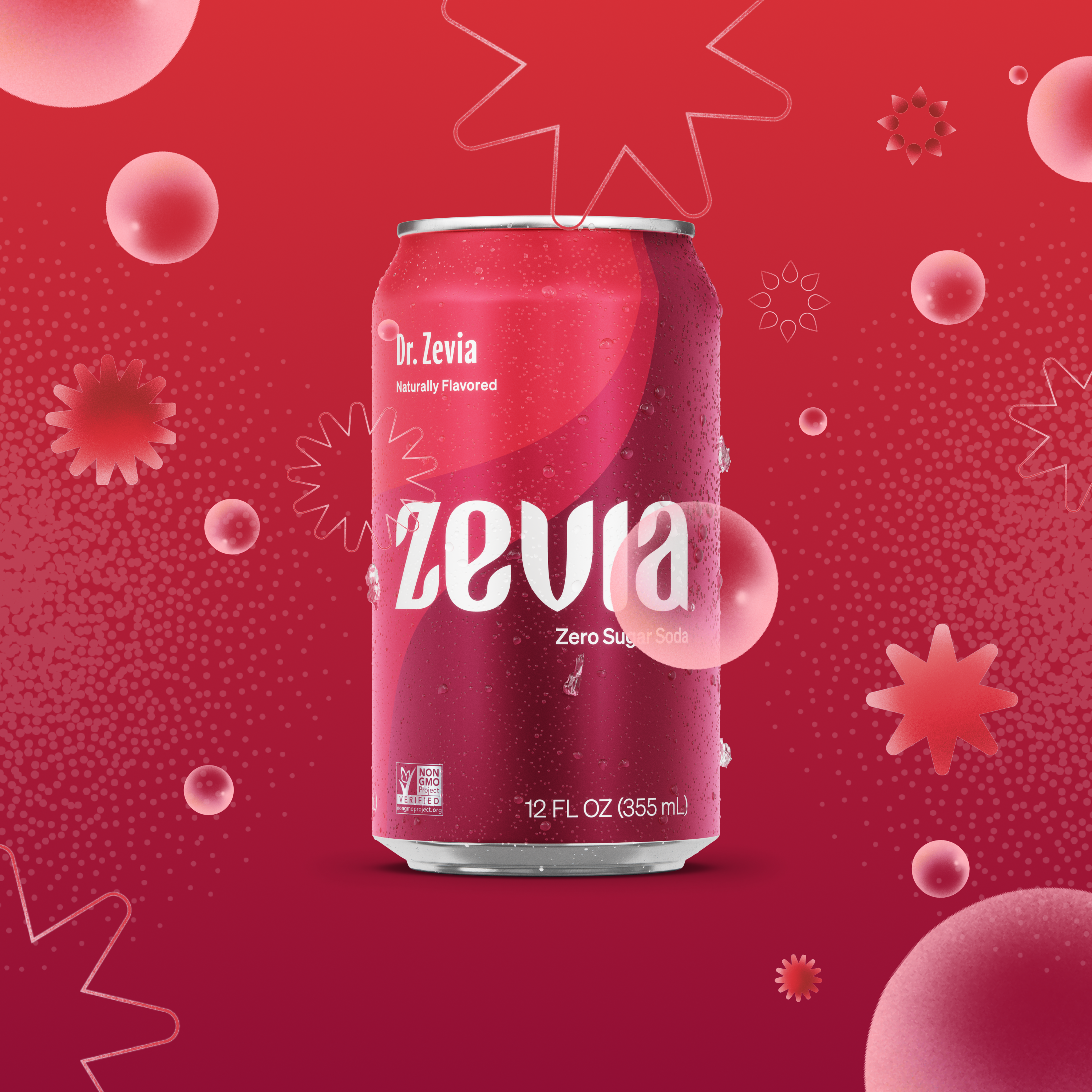 Dr. Zevia soda can on a red background with abstract shapes and bubbles.