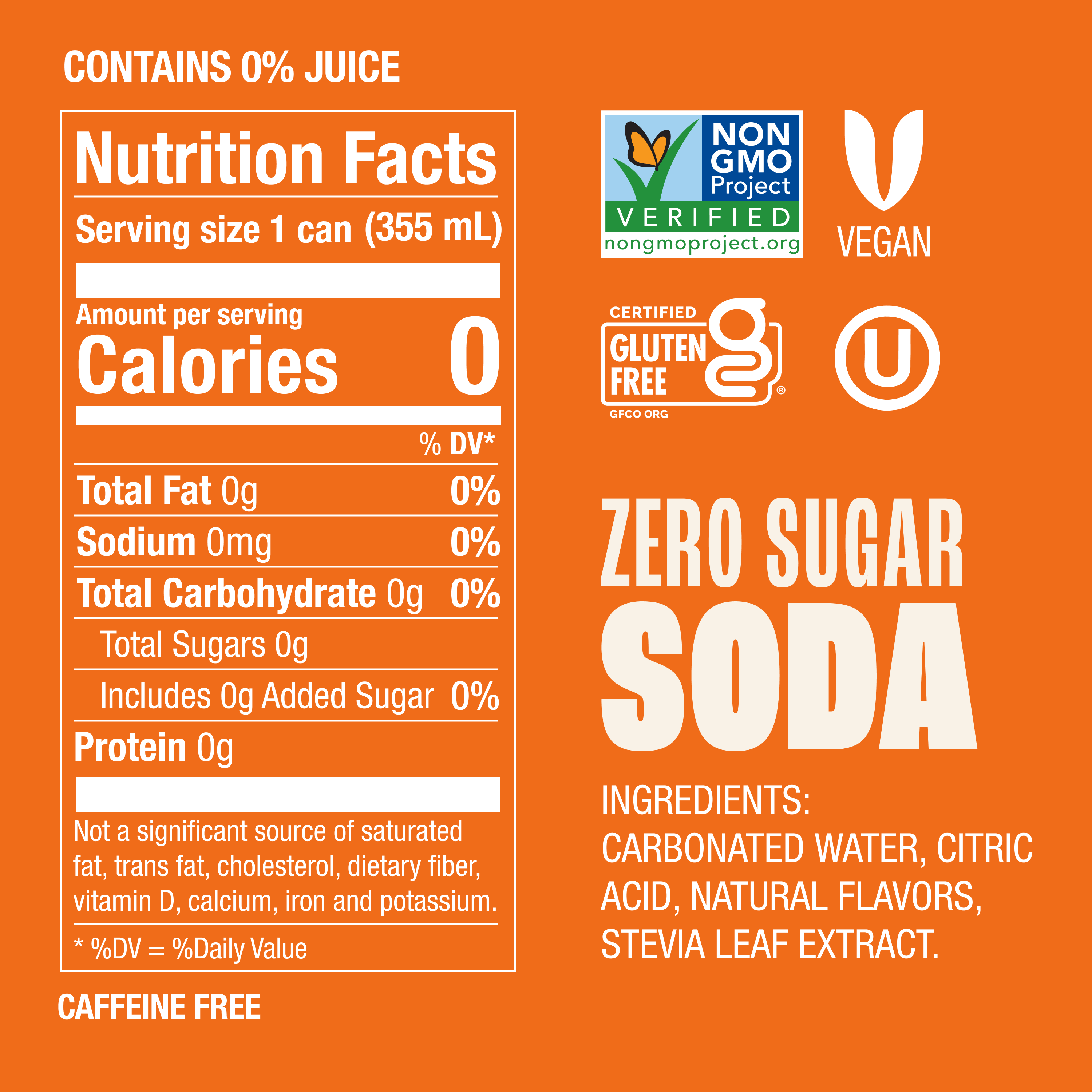 Nutrition label for a zero sugar soda with certification logos on an orange background.