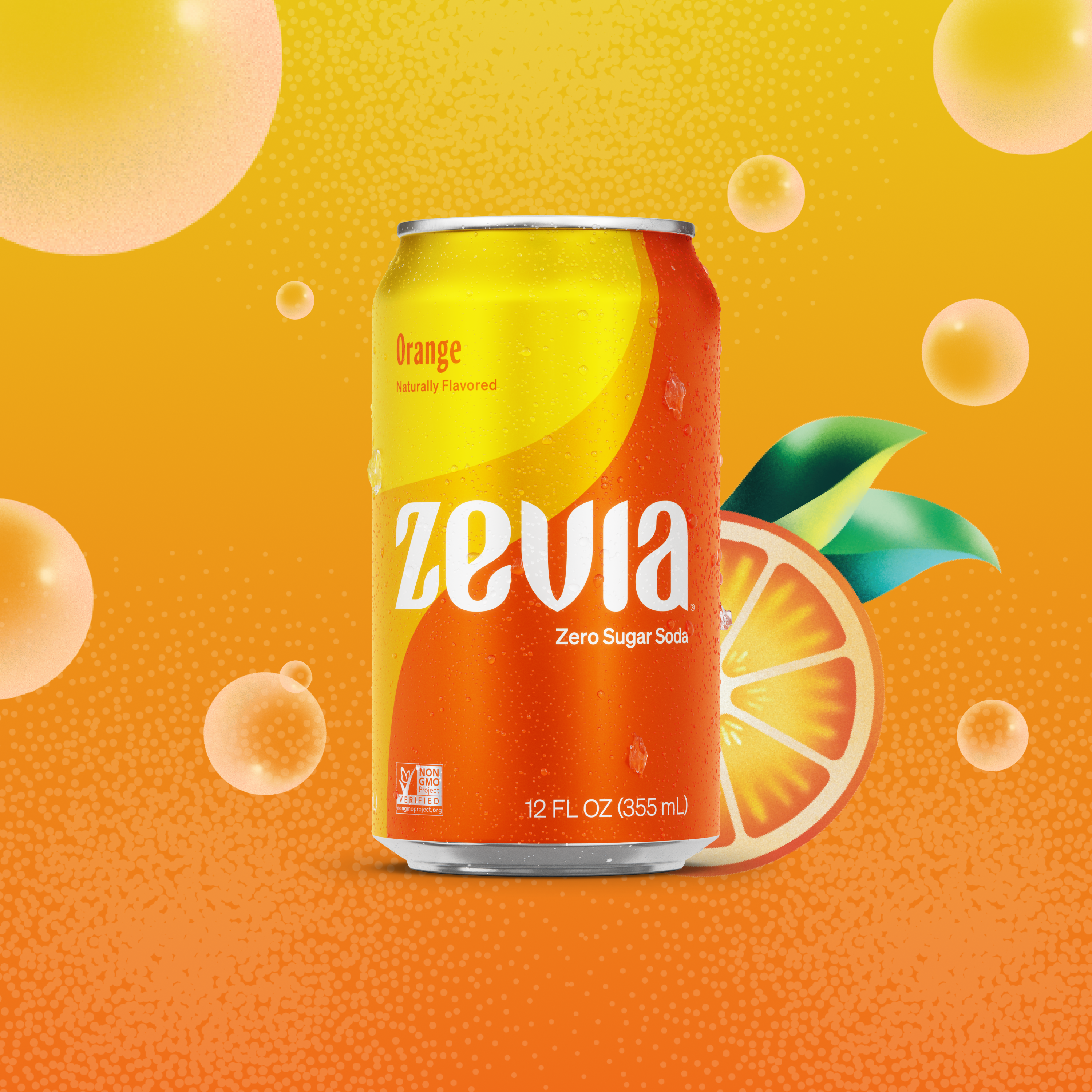 Zevia orange soda can on a vibrant yellow and orange background with fruit graphics.