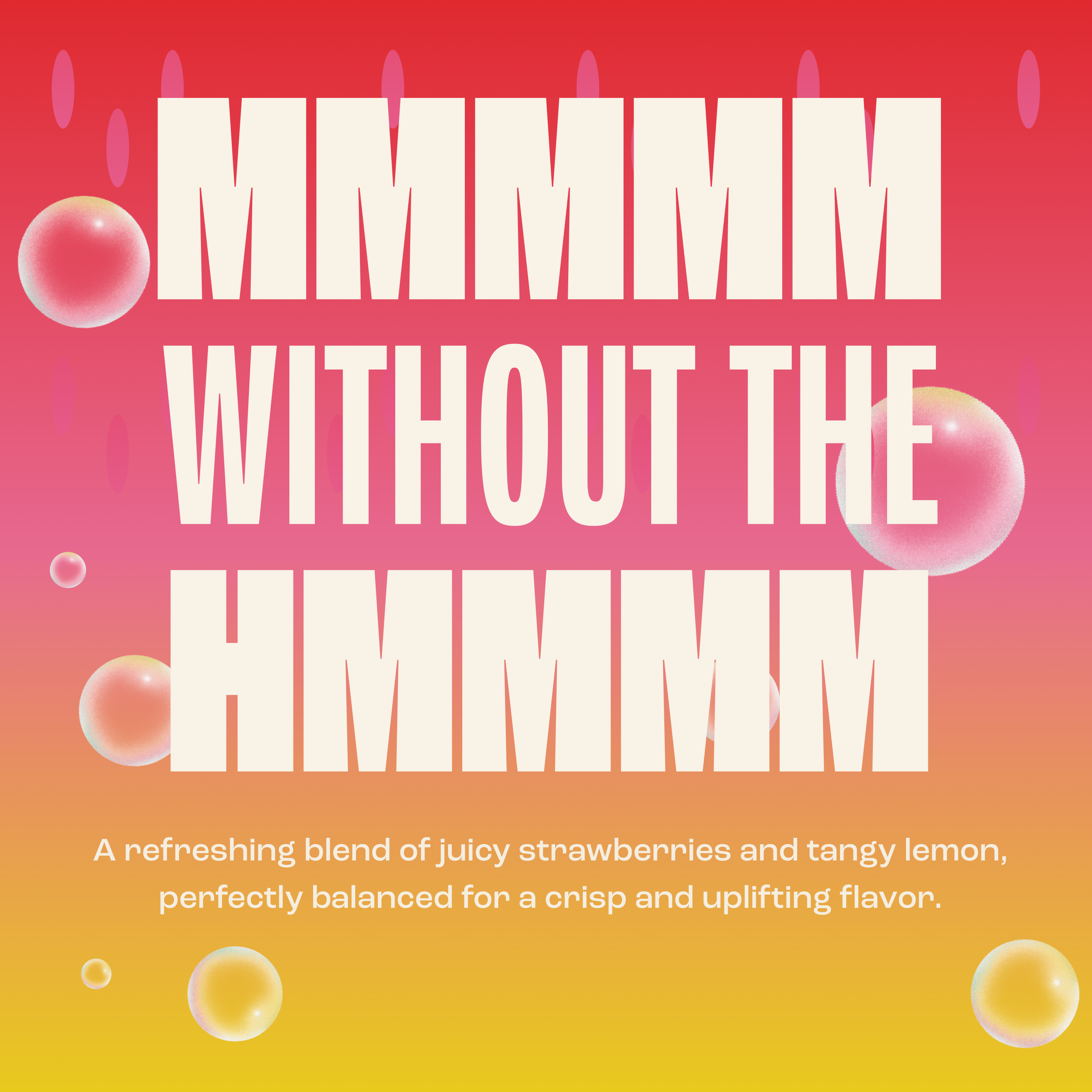 Slogan with strawberry and lemon flavor description on a gradient background