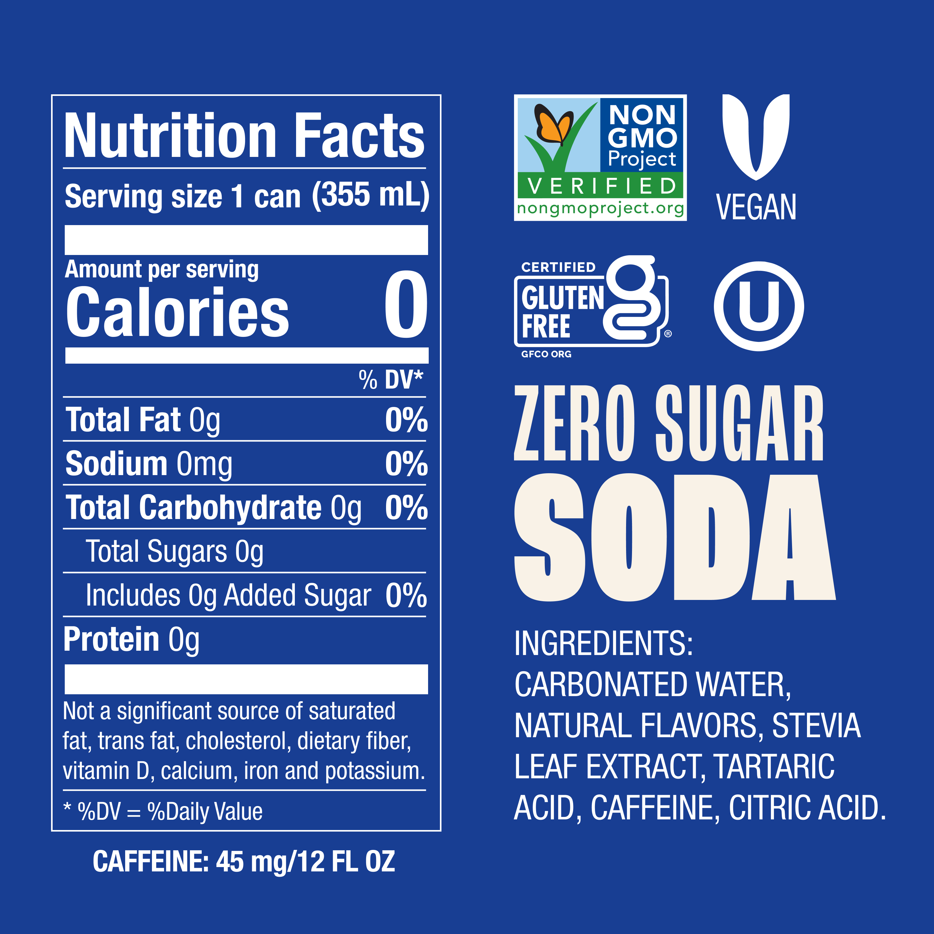 Nutrition facts label for a zero sugar soda with certification logos on a blue background.