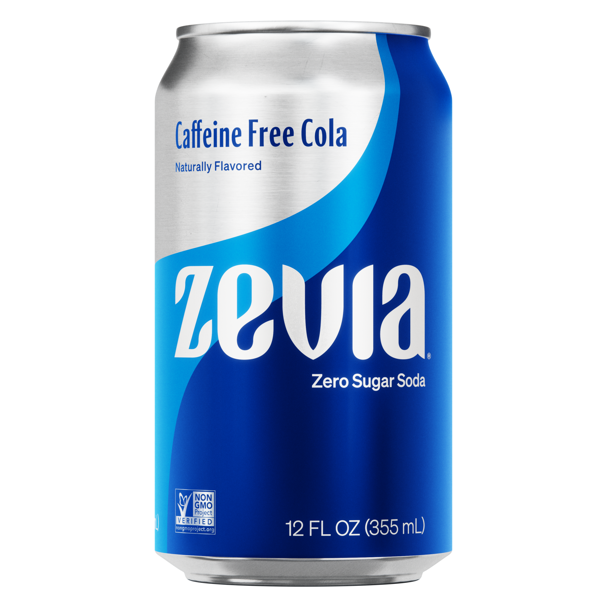 A can of Zevia Caffeine-Free Cola soda with a blue and white label, indicating it is zero sugar, naturally flavored, and 12 fl oz in size.