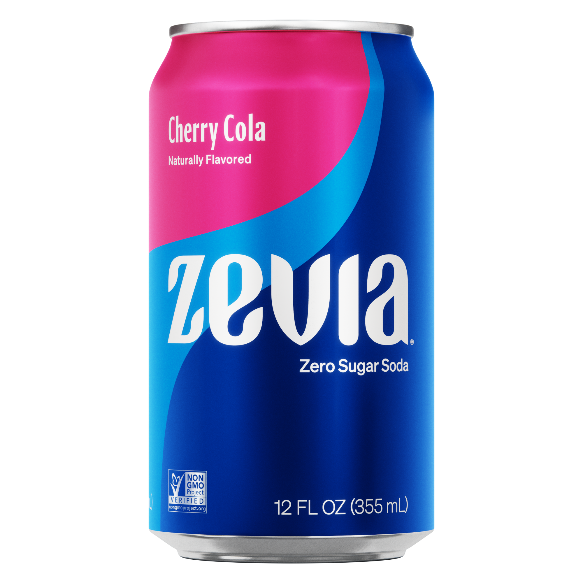 A can of Zevia Cherry Cola zero sugar soda with a predominantly pink and blue color scheme.