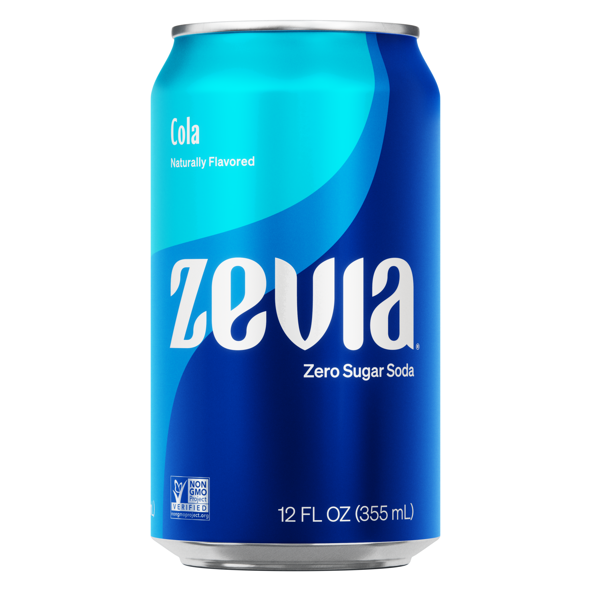 A can of Zevia Cola zero sugar soda with a blue and white label.