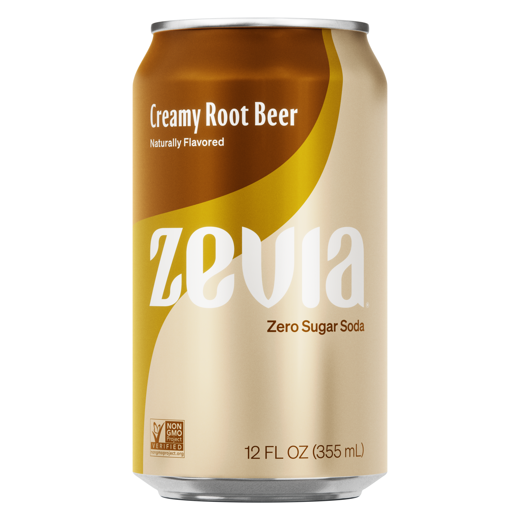 A can of Creamy Root Beer by Zevia, which is zero sugar, naturally flavored, and vegan.