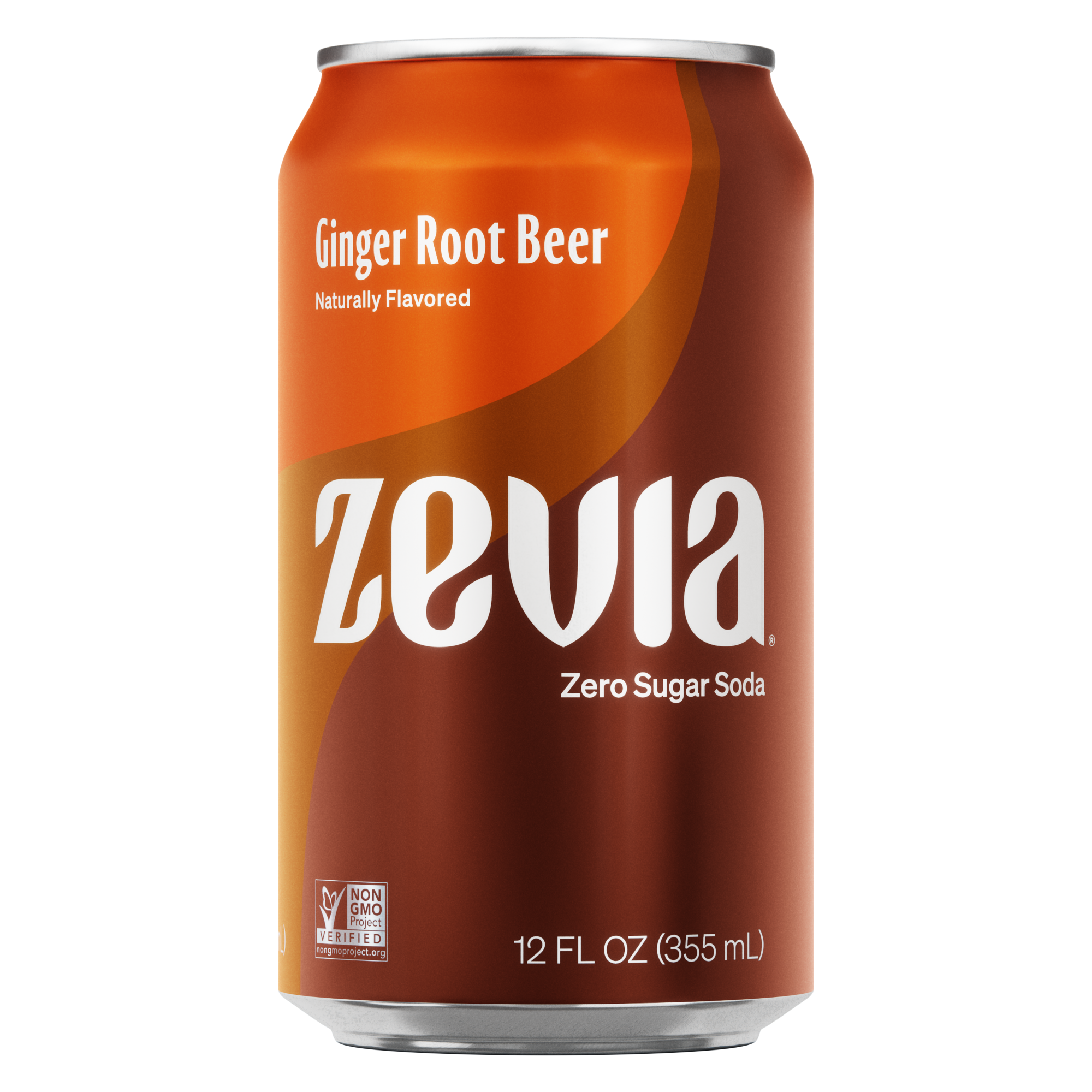 A can of Zevia Ginger Root Beer with a label that includes the brand name and the flavor, set against a orange gradient background.