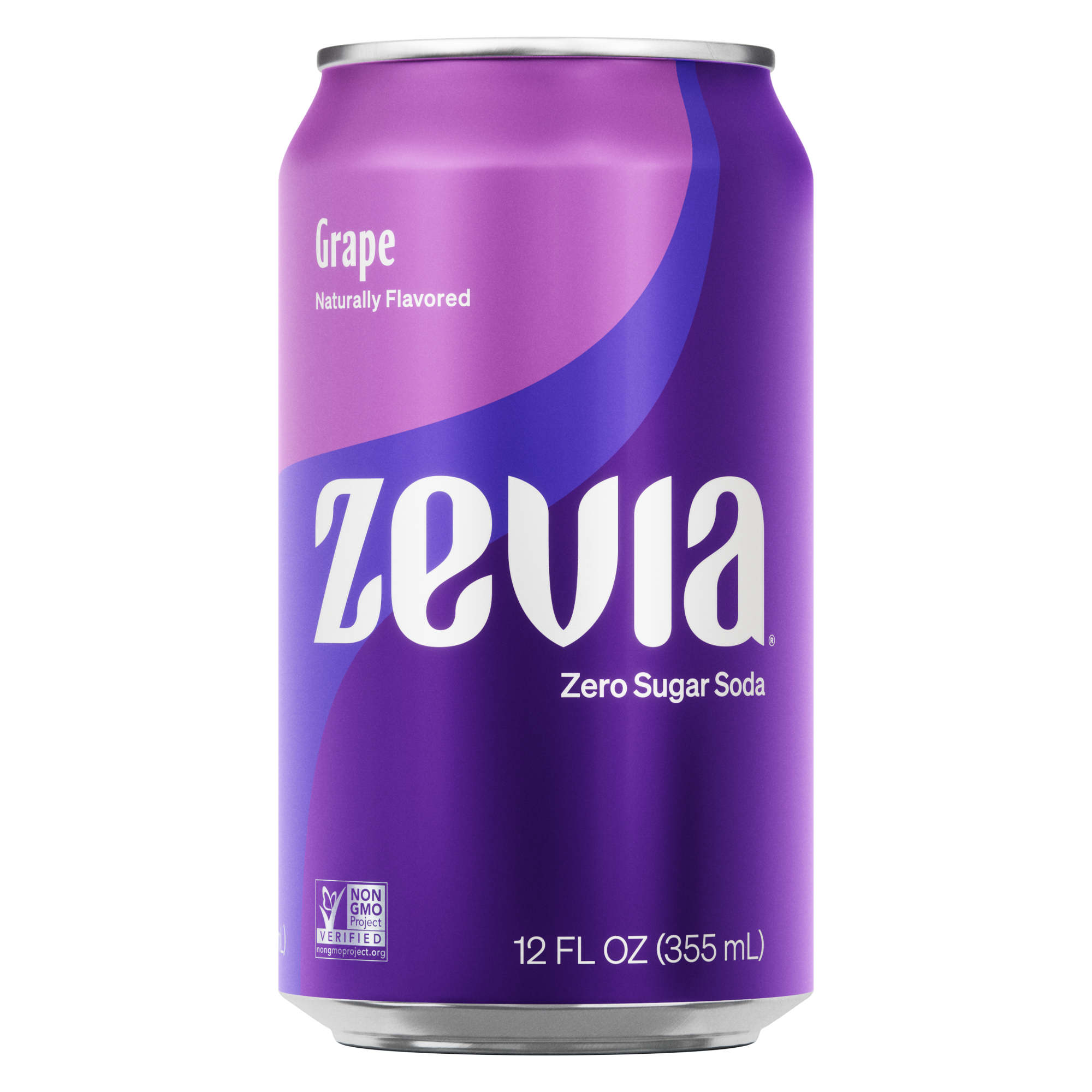 A can of Zevia Grape Soda with a purple and white color scheme.