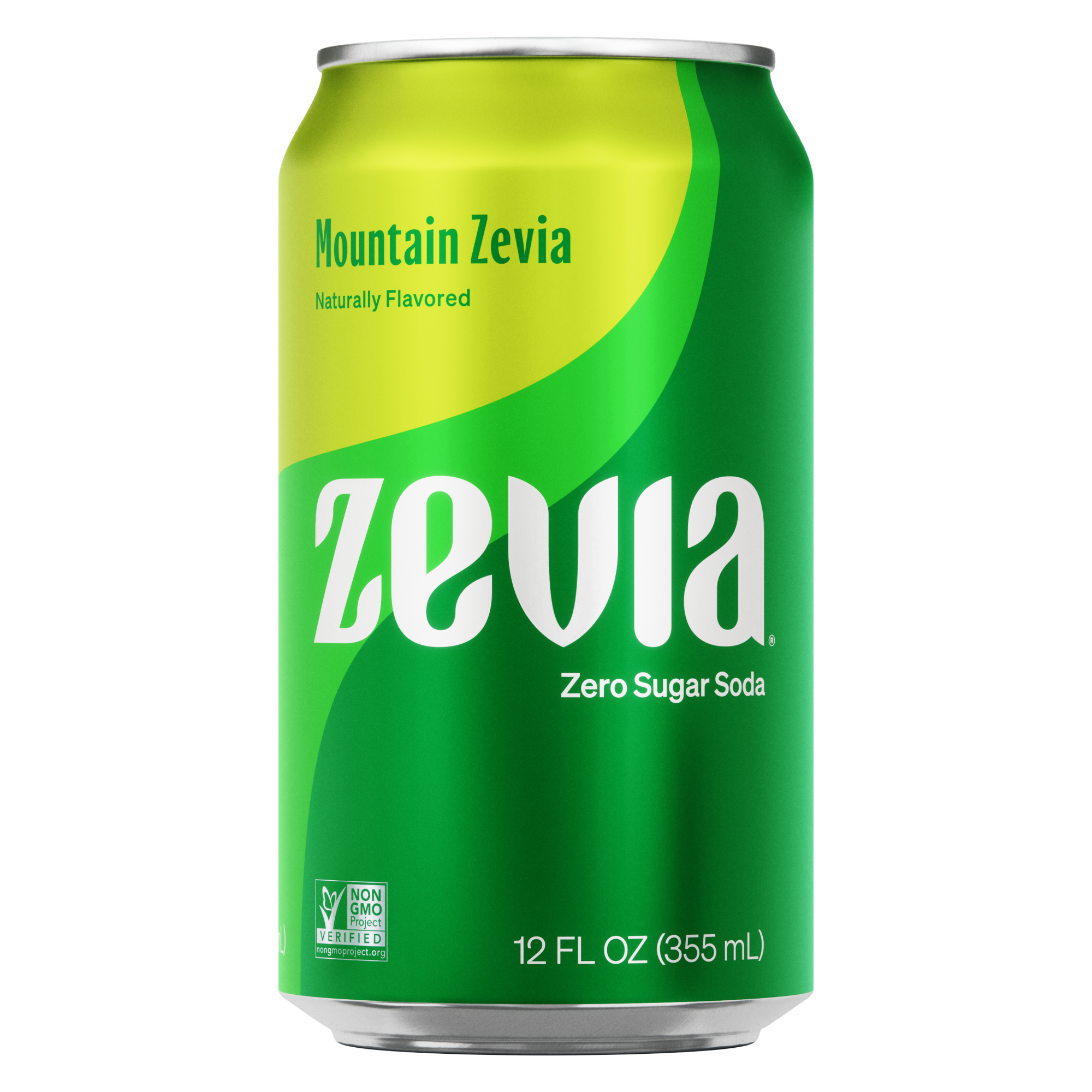 A can of Mountain Zevia zero sugar soda with a green and yellow label.
