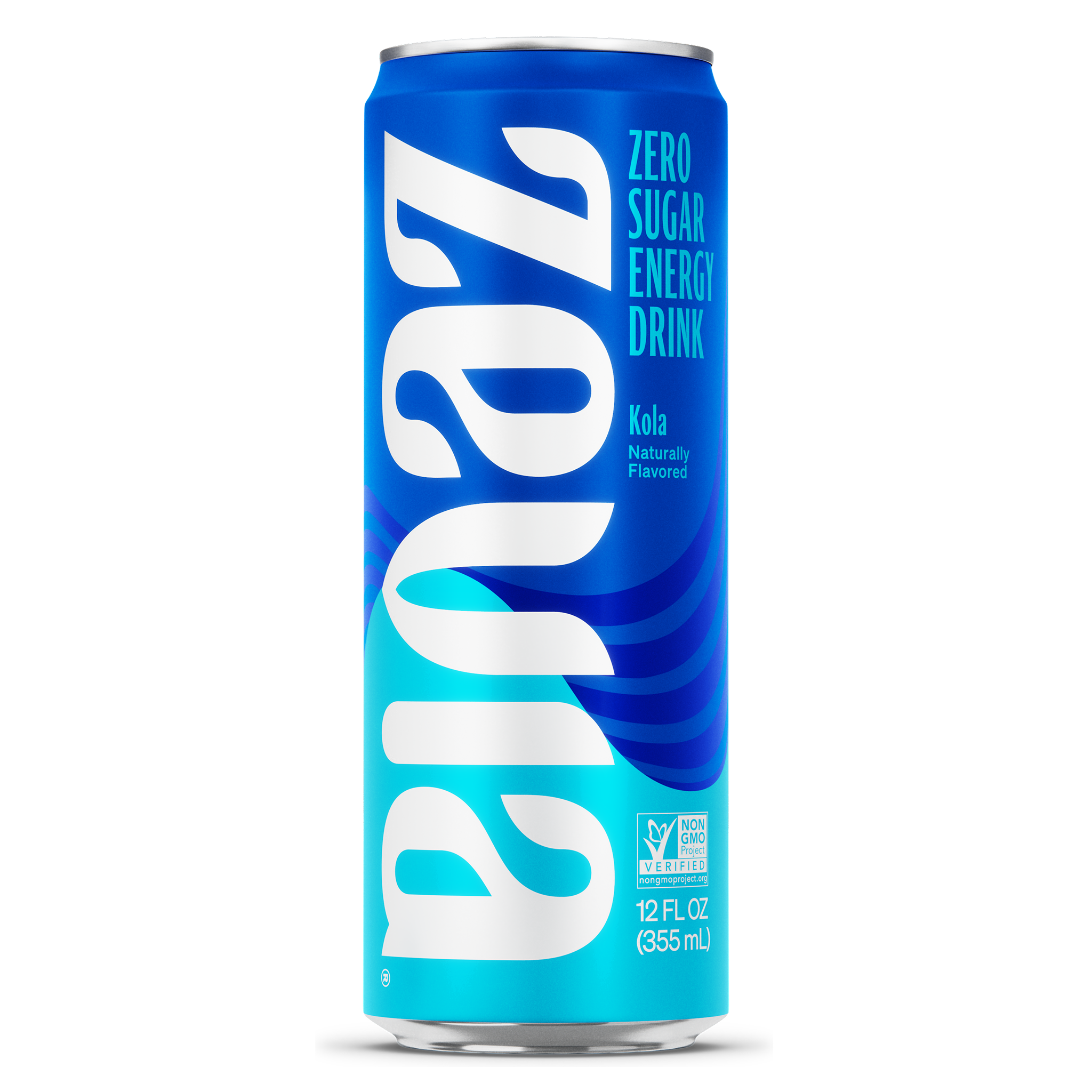 Blue can of Zevia Zero Sugar Energy Drink on a white background in flavor Kola