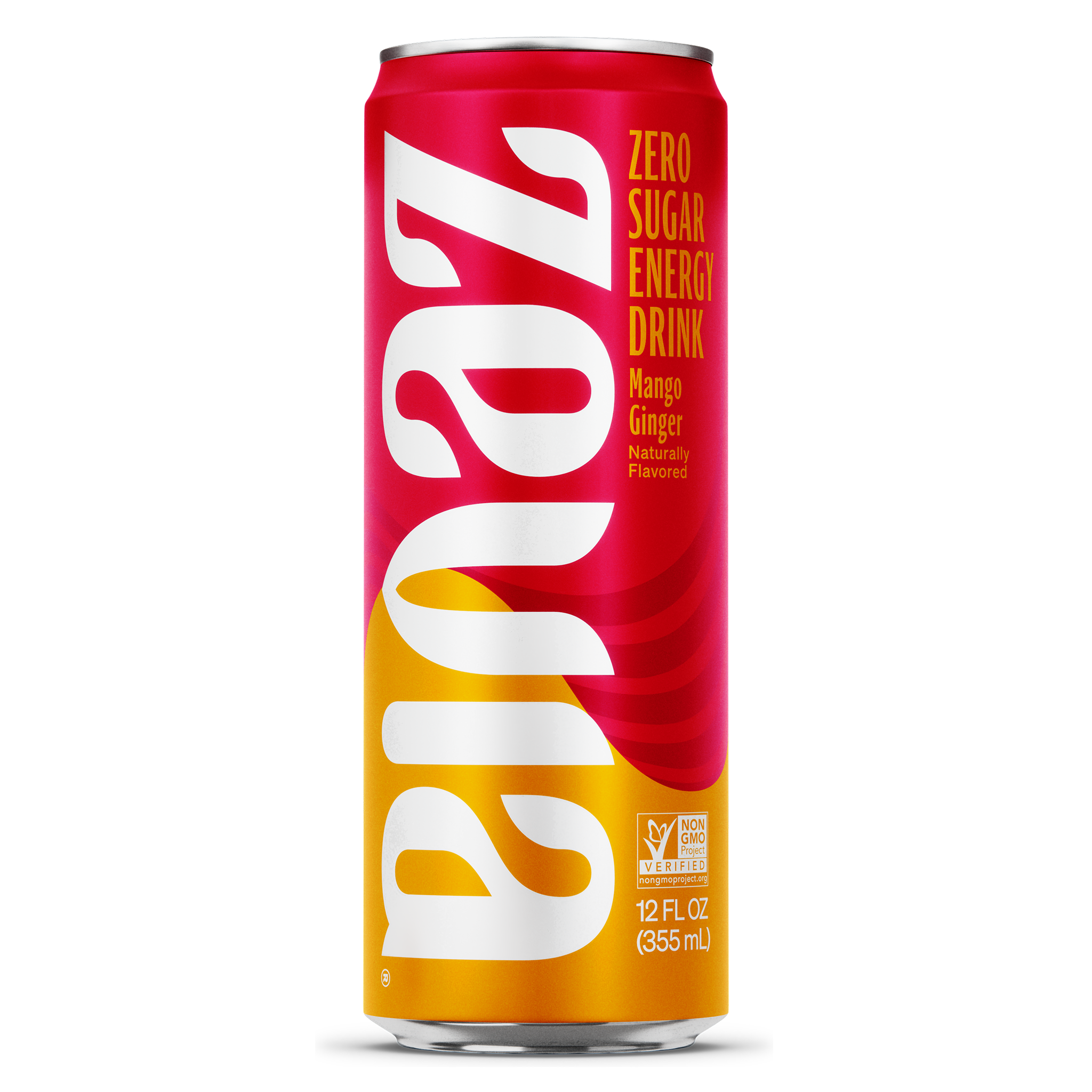 Red and yellow can of Zevia zero sugar energy drink on a white background in flavor Mango Ginger