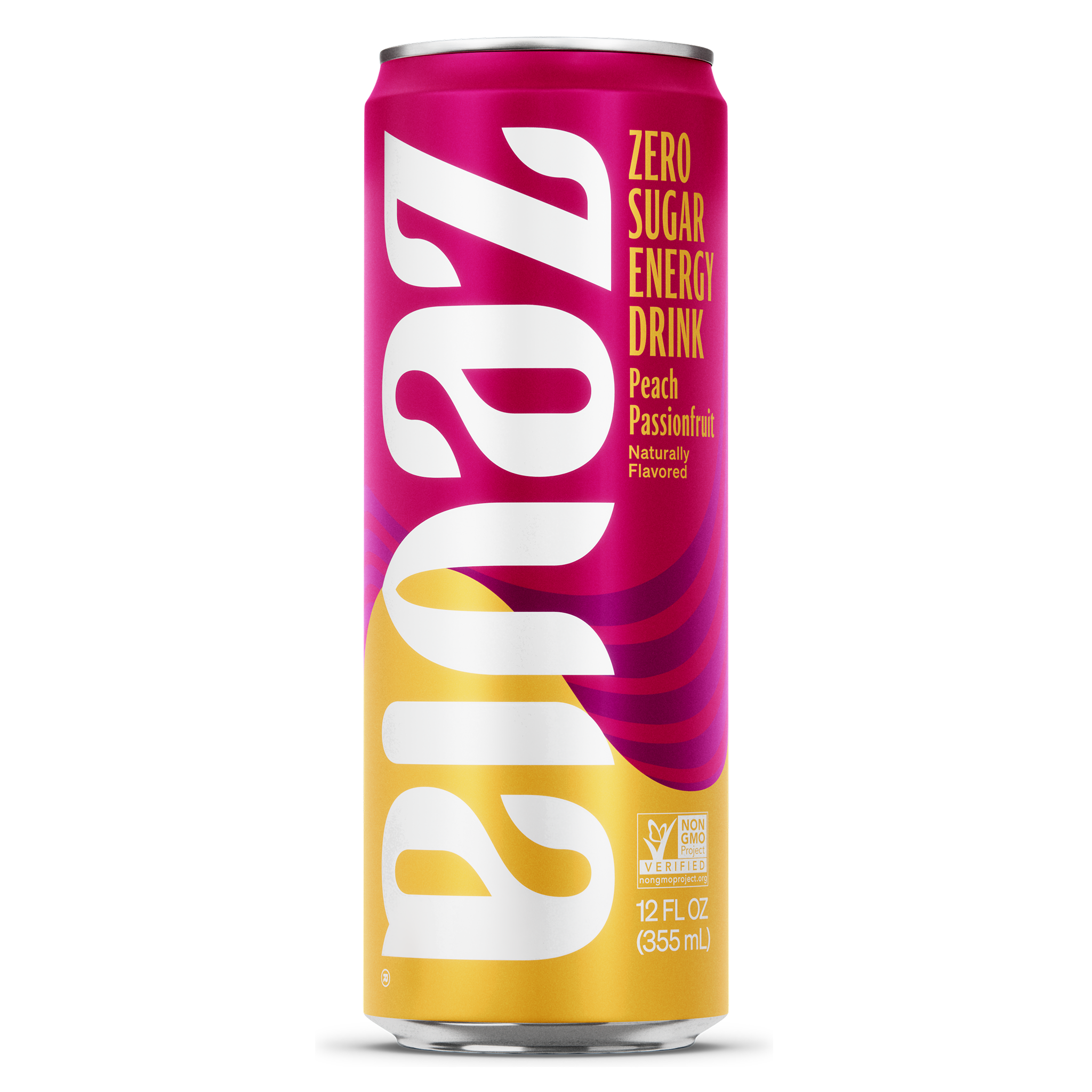 Zevia Peach Passionfruit Zero Sugar energy Drink 12 ounce soda can on white background