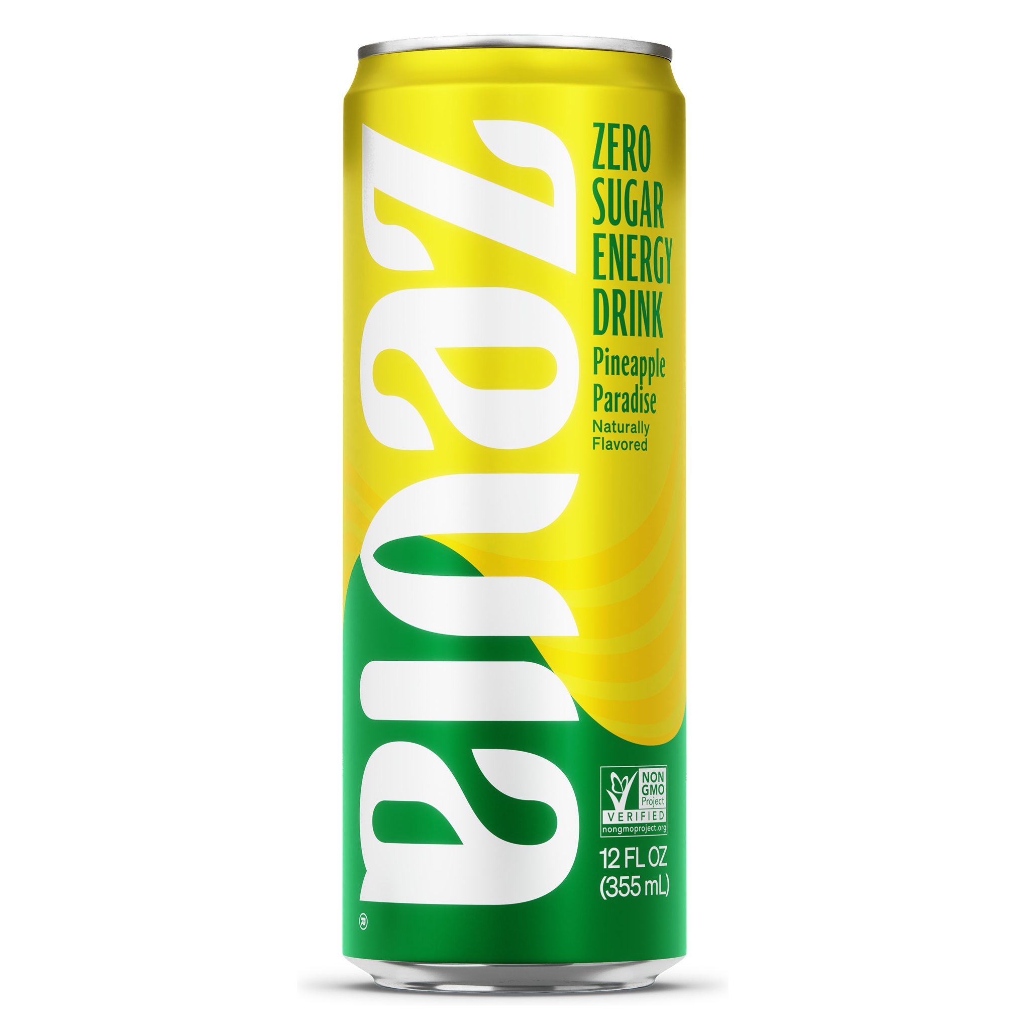 Zevia zero sugar energy drink can with yellow and green design on a white background