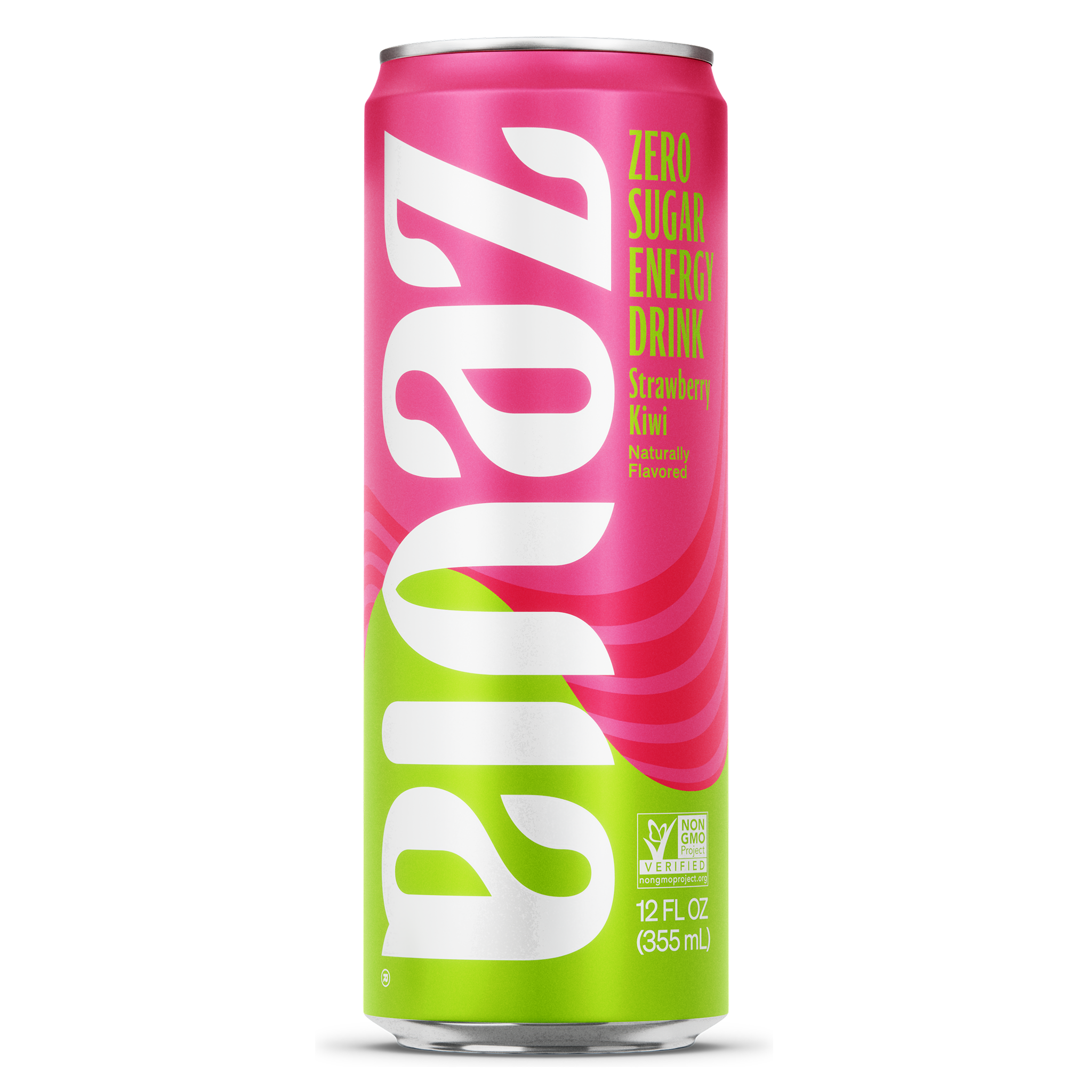 Zevia Strawberry Kiwi Zero Sugar Energy Drink 12 ounce soda can on a white background