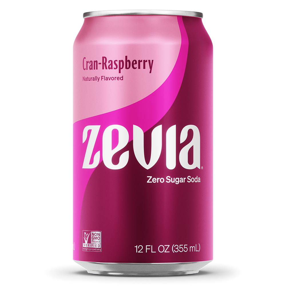 A can of Zevia zero sugar soda with Cran-Raspberry flavor. The can is colored pink with the Zevia logo and product information.